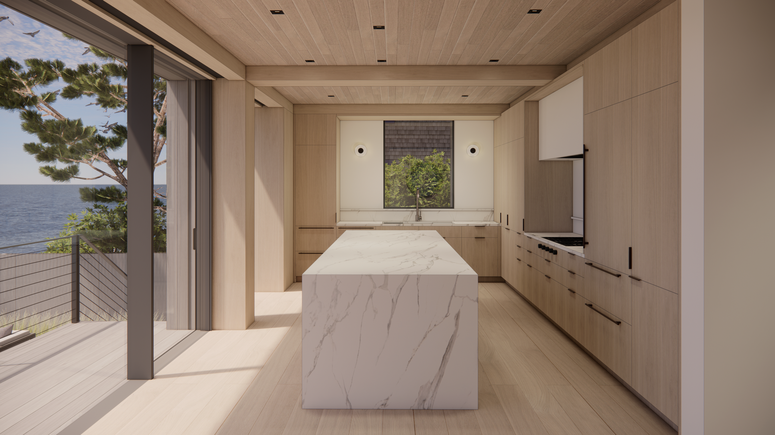 Modern beach house kitchen with wood plank ceilings by Walker Architects