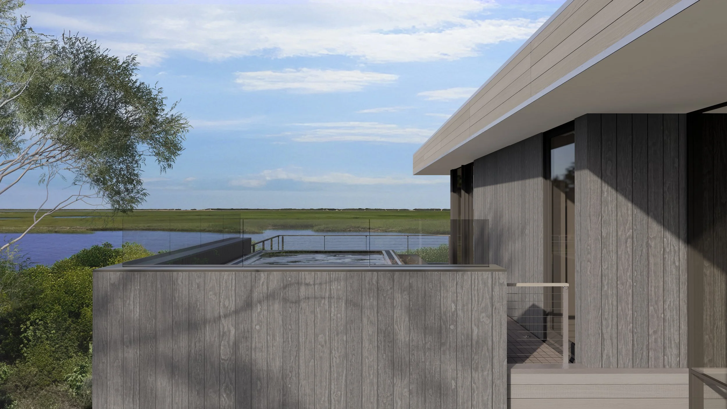 Modern Coastal House with a contemporary roof deck featuring a built in spa with water views