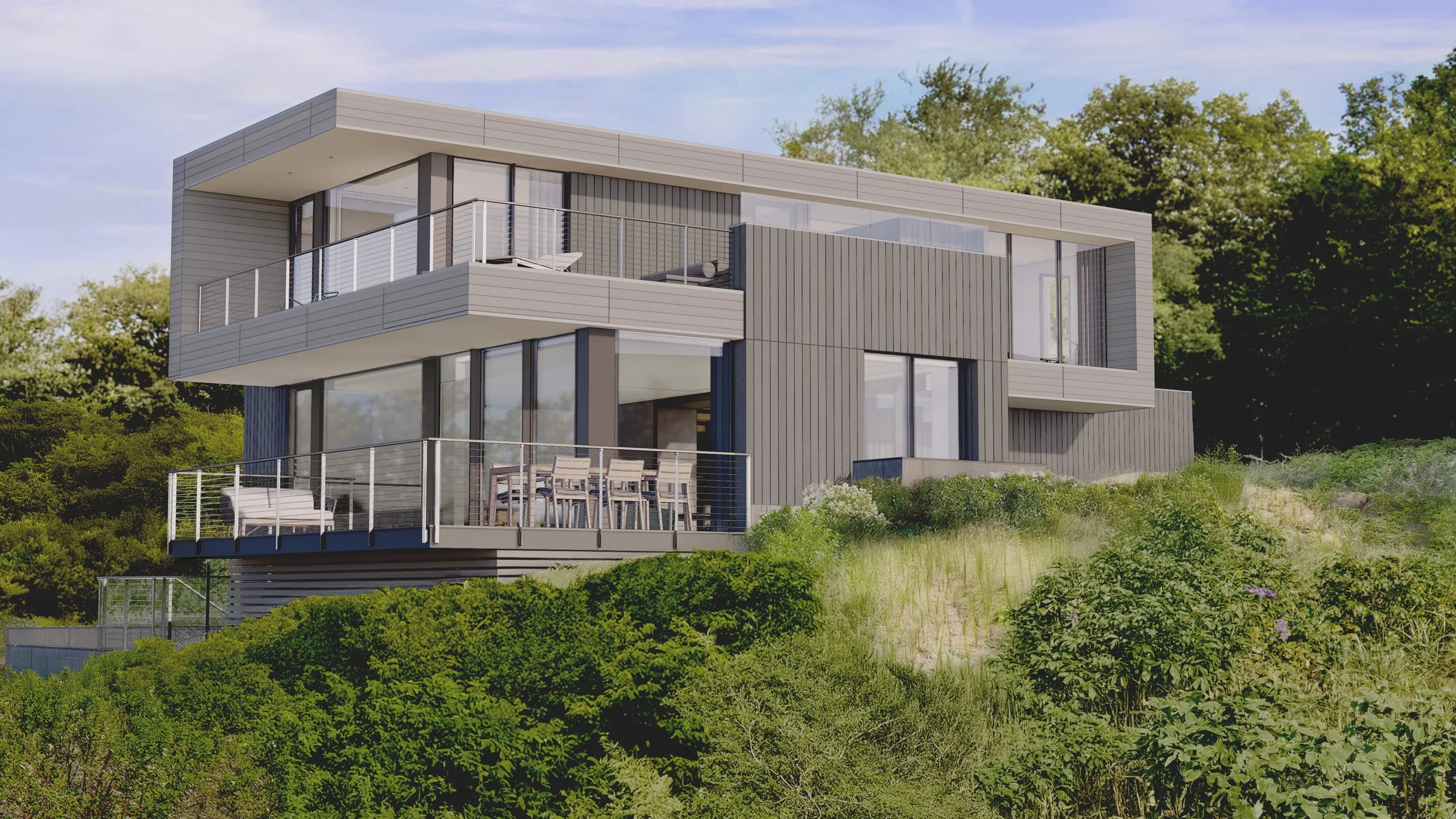 Contemporary beach house on Cape Cod featuring wraparound decks and expansive ocean-view windows.