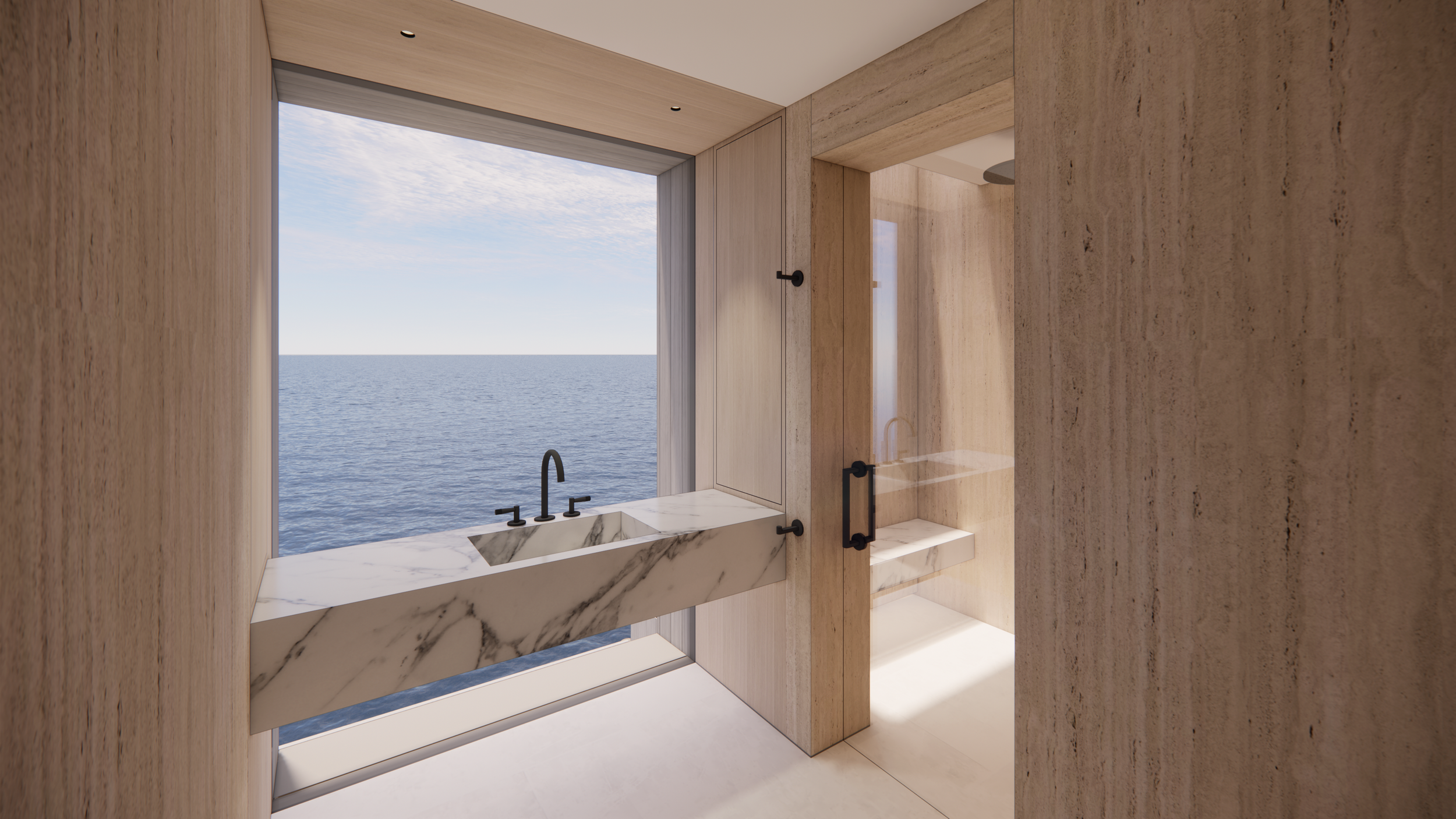 A luxury bathroom with water views and a floating stone sink.