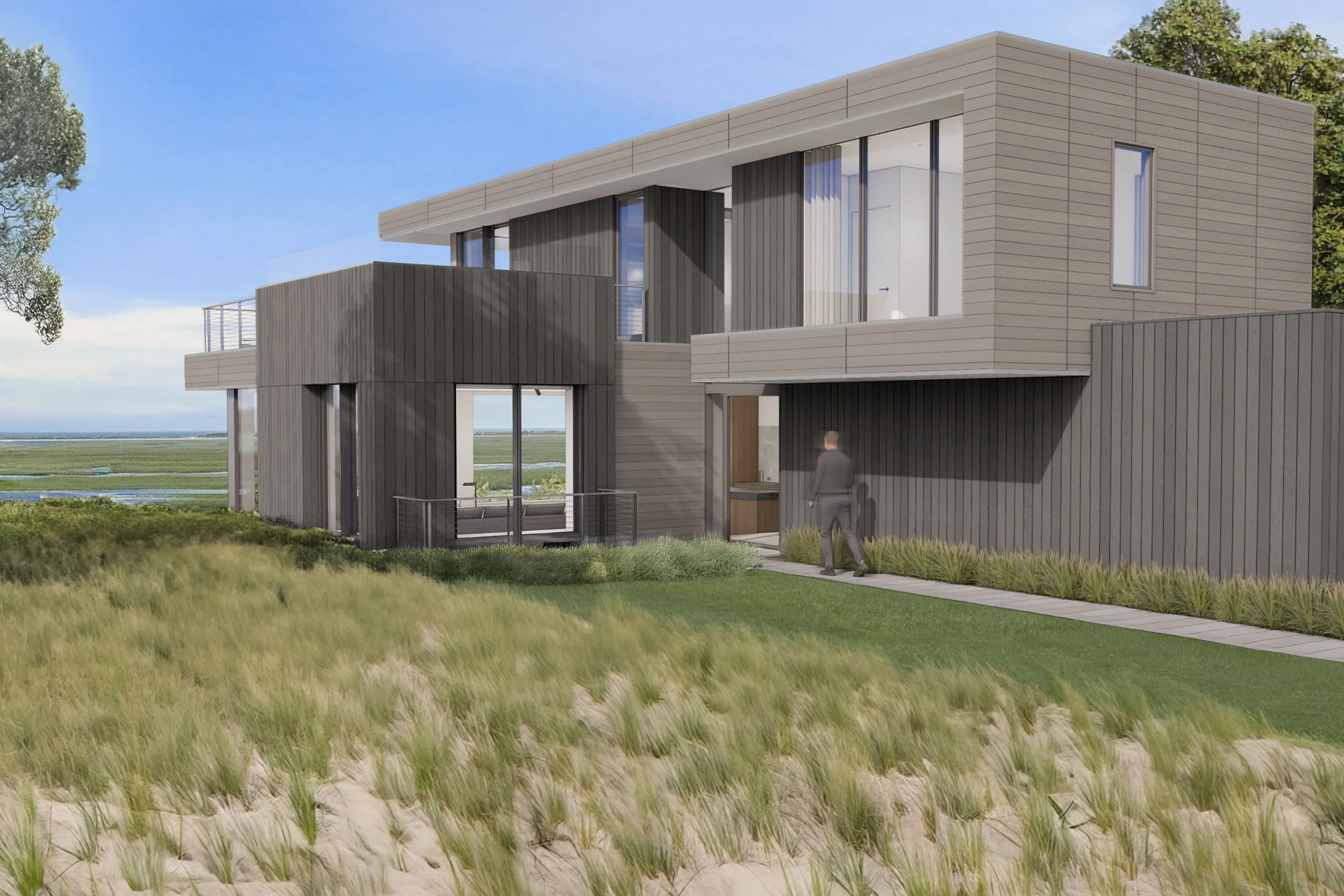 Minimalist modern beach house with two-tone wood siding
