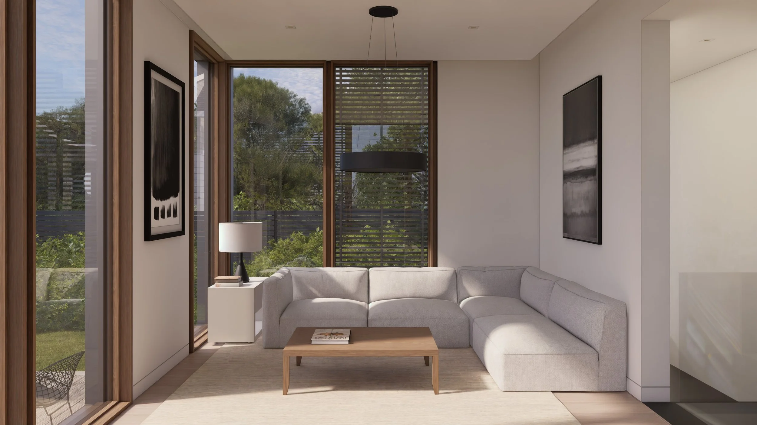 Contemporary living room addition to a Victorian house.