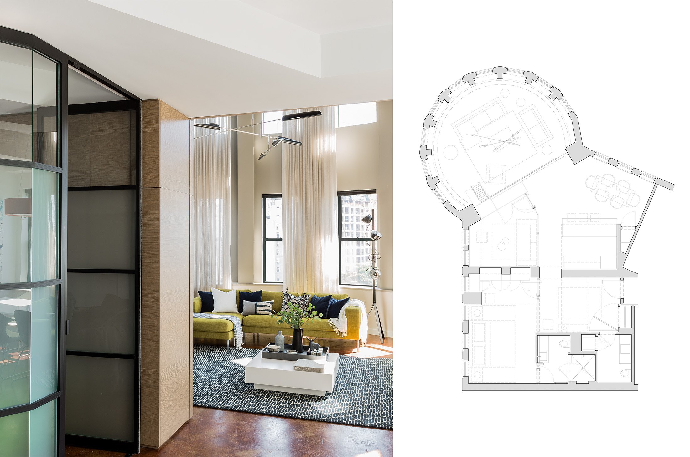 Modern apartment interior with a yellow sofa, coffee table, large windows with beige curtains, and a contemporary chandelier.