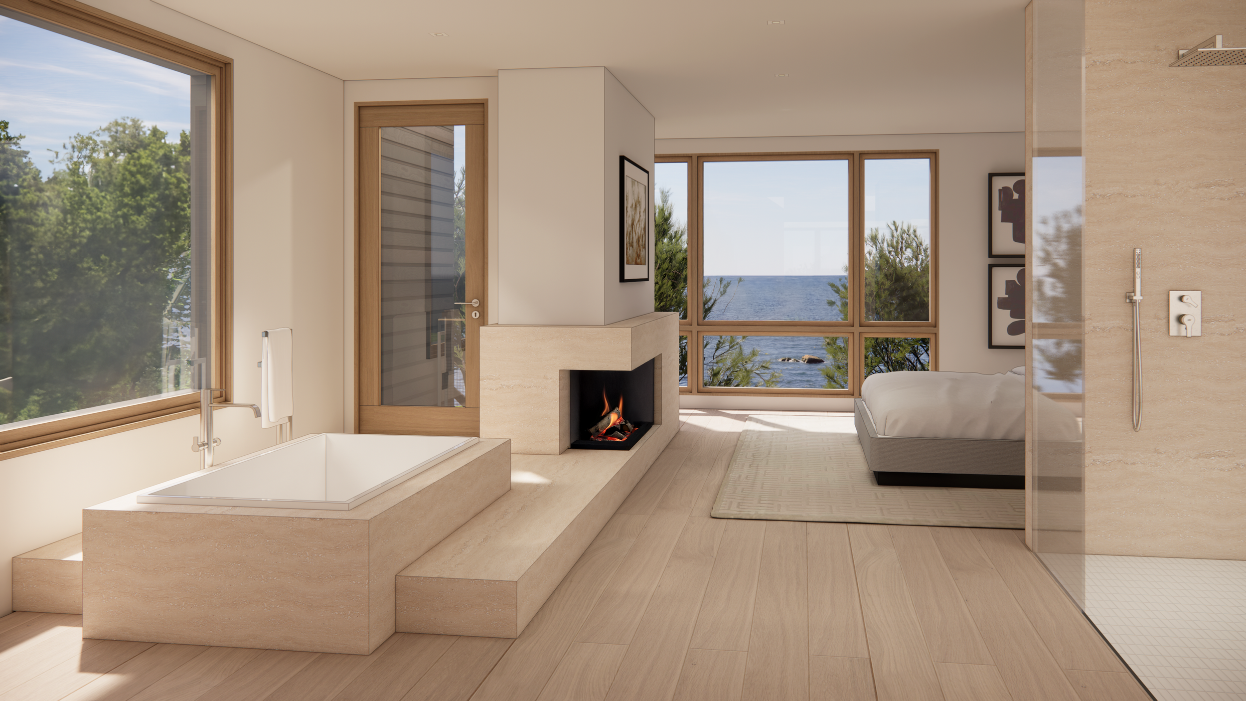 Modern beach house bedroom.