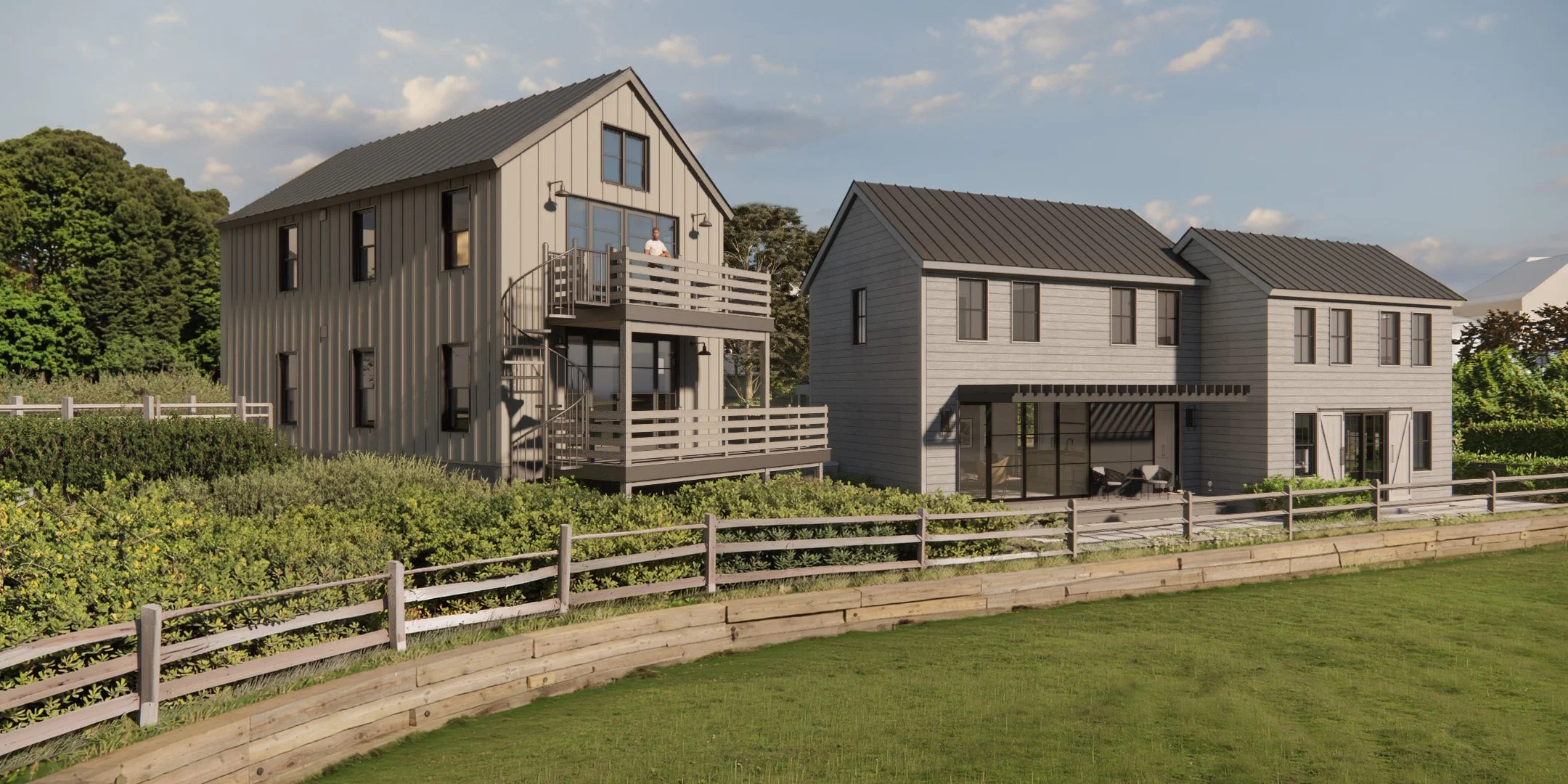 Modern farmhouse style buildings on a rural setting.