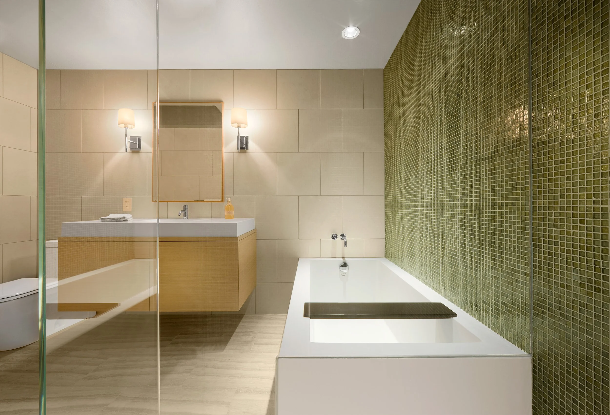 A contemporary bathroom with large soaking tub