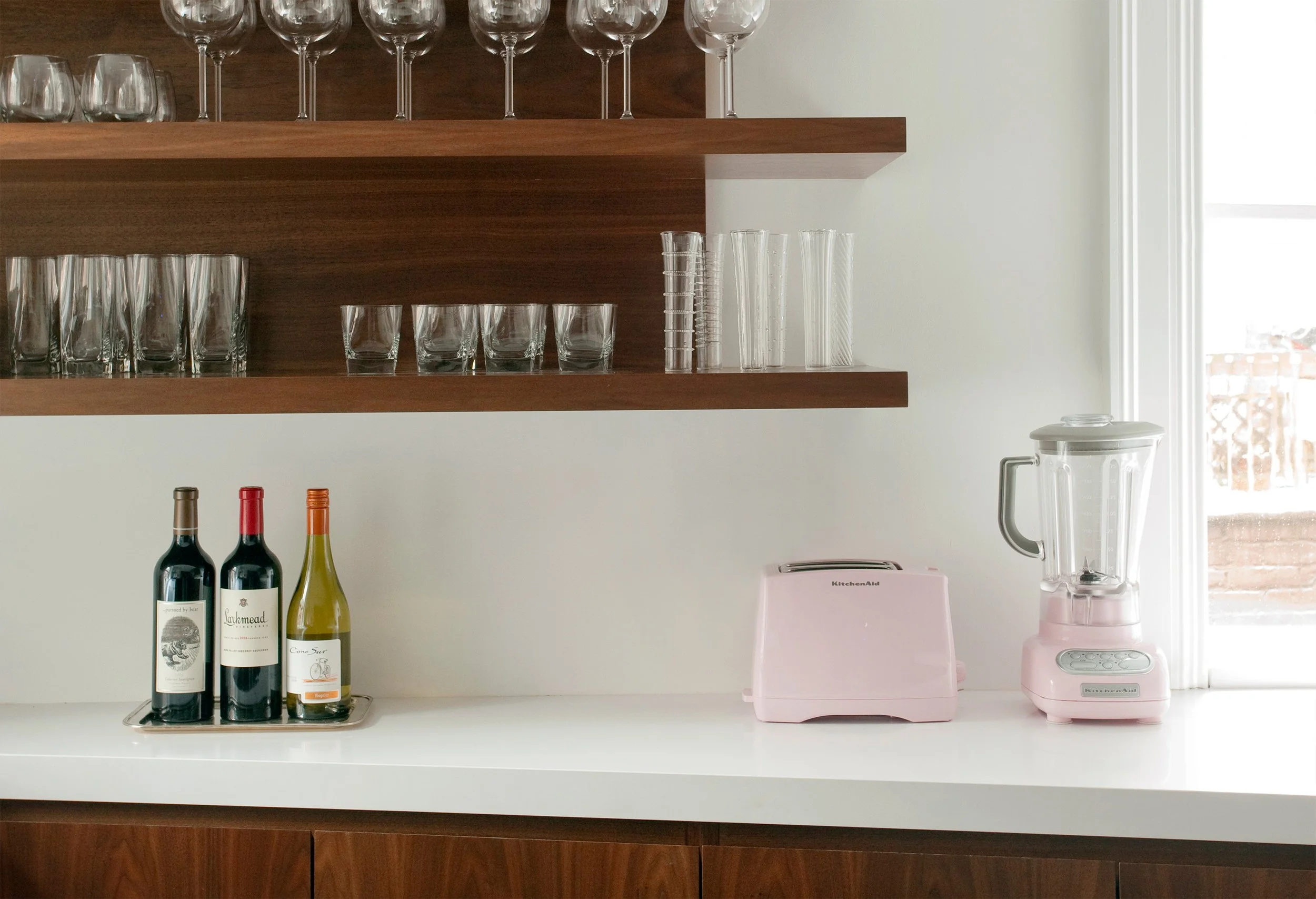 Modern walnut open shelving in a Boston kitchen