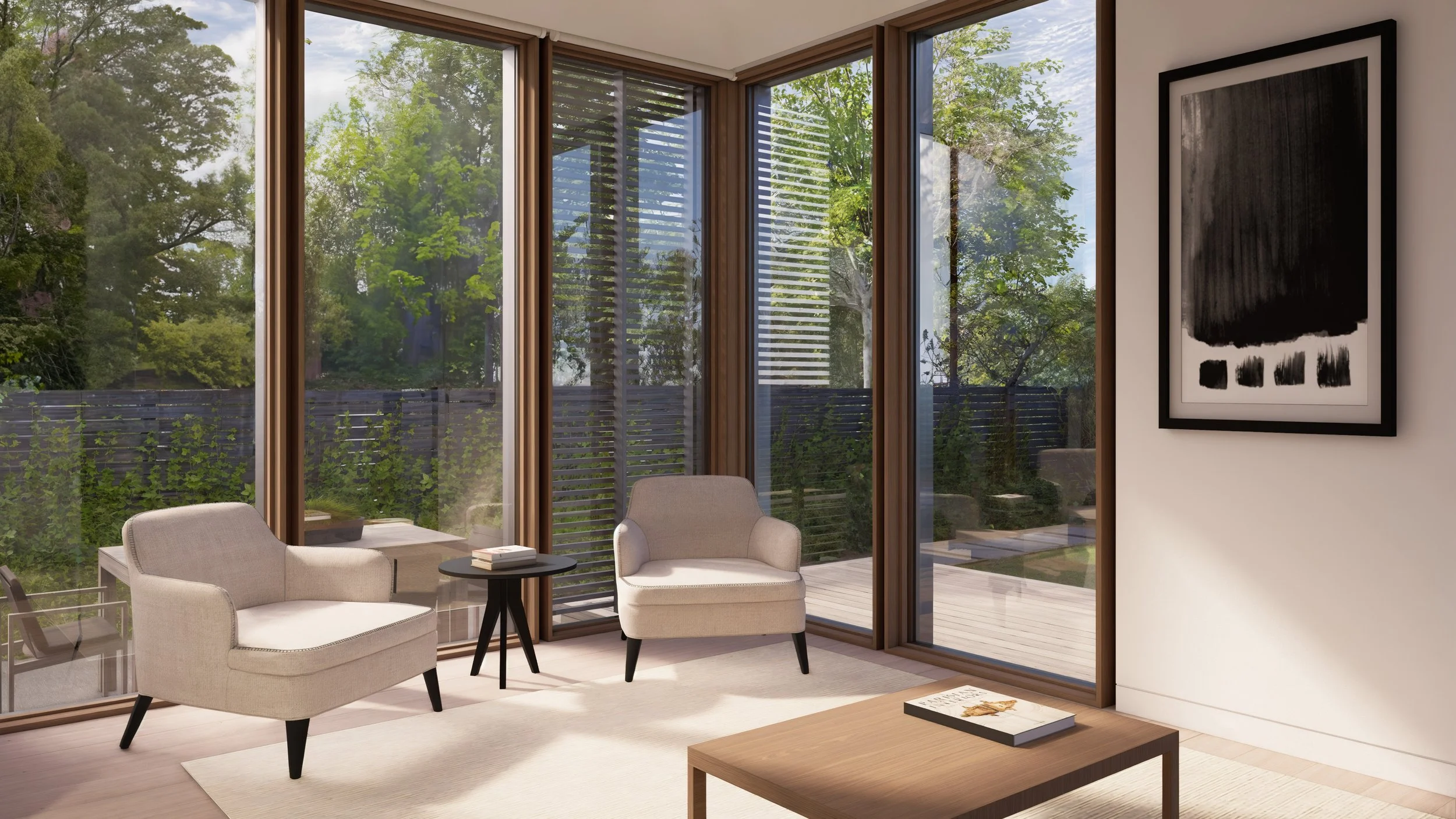 Modern living room interior with exterior window screens.