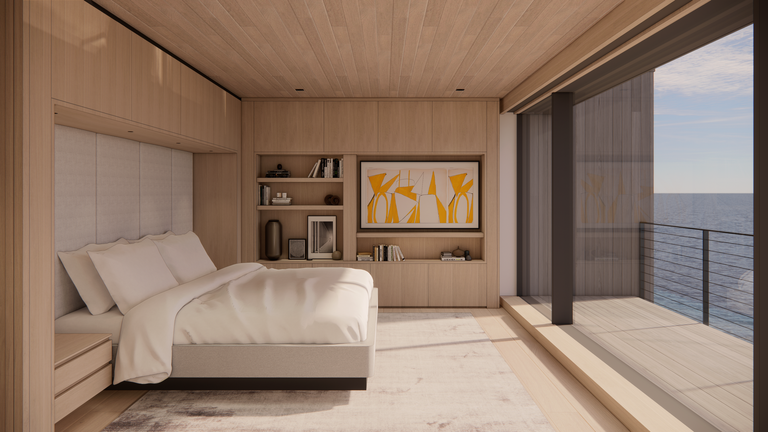 Primary bedroom in a luxury waterfront home.