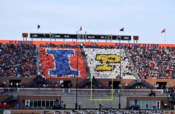 Illinois at Purdue today... it&rsquo;s no Memorial Stadium but we&rsquo;re out here supporting the Orange and Blue! Last year&rsquo;s card stunts still apply, I-L-L!