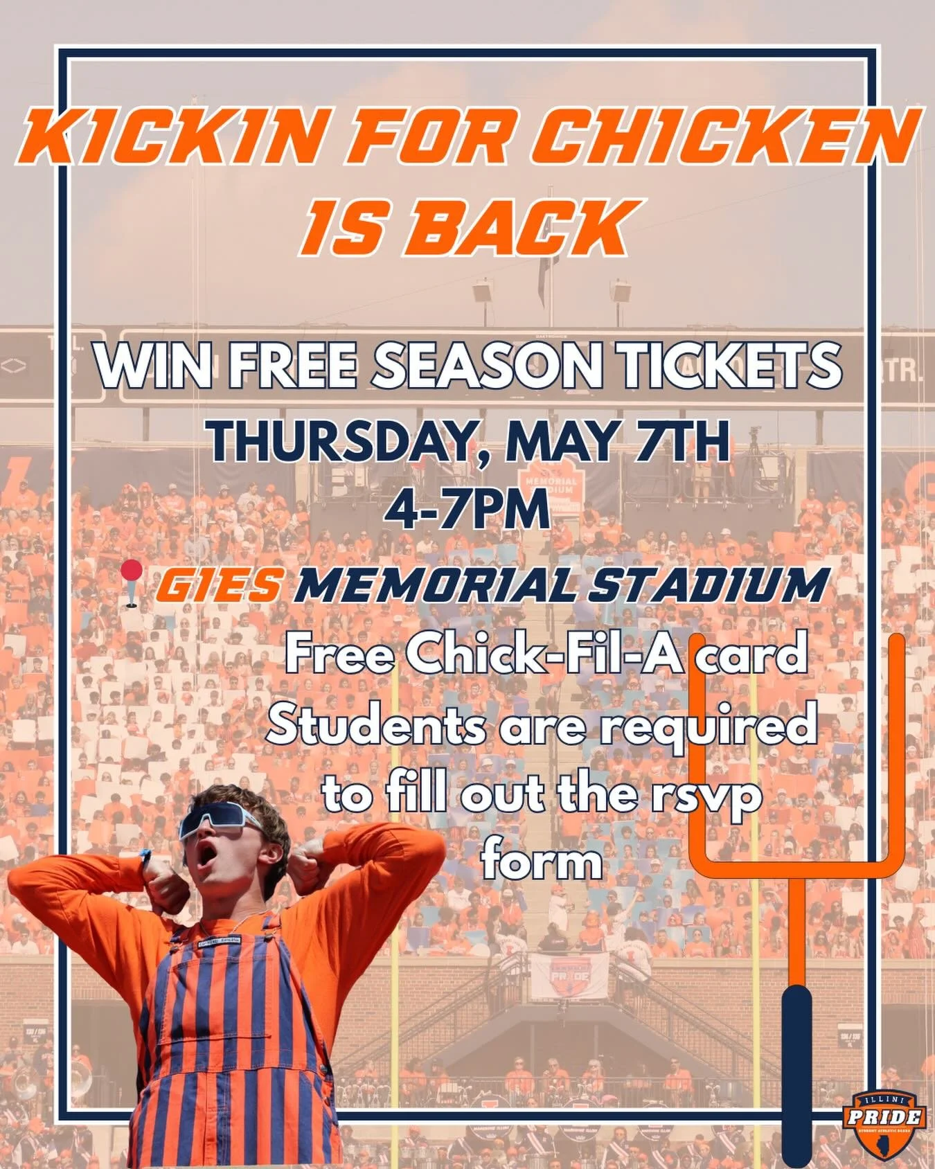 Who wouldn&rsquo;t want FREE SEASON TICKETS!?
Come to Gies Memorial on May 7th to try kicking a field goal from the 49 yard line.
All students with season tickets MUST rsvp using the link in our bio.
The first 3,000 kickers get free @cfachampaign car