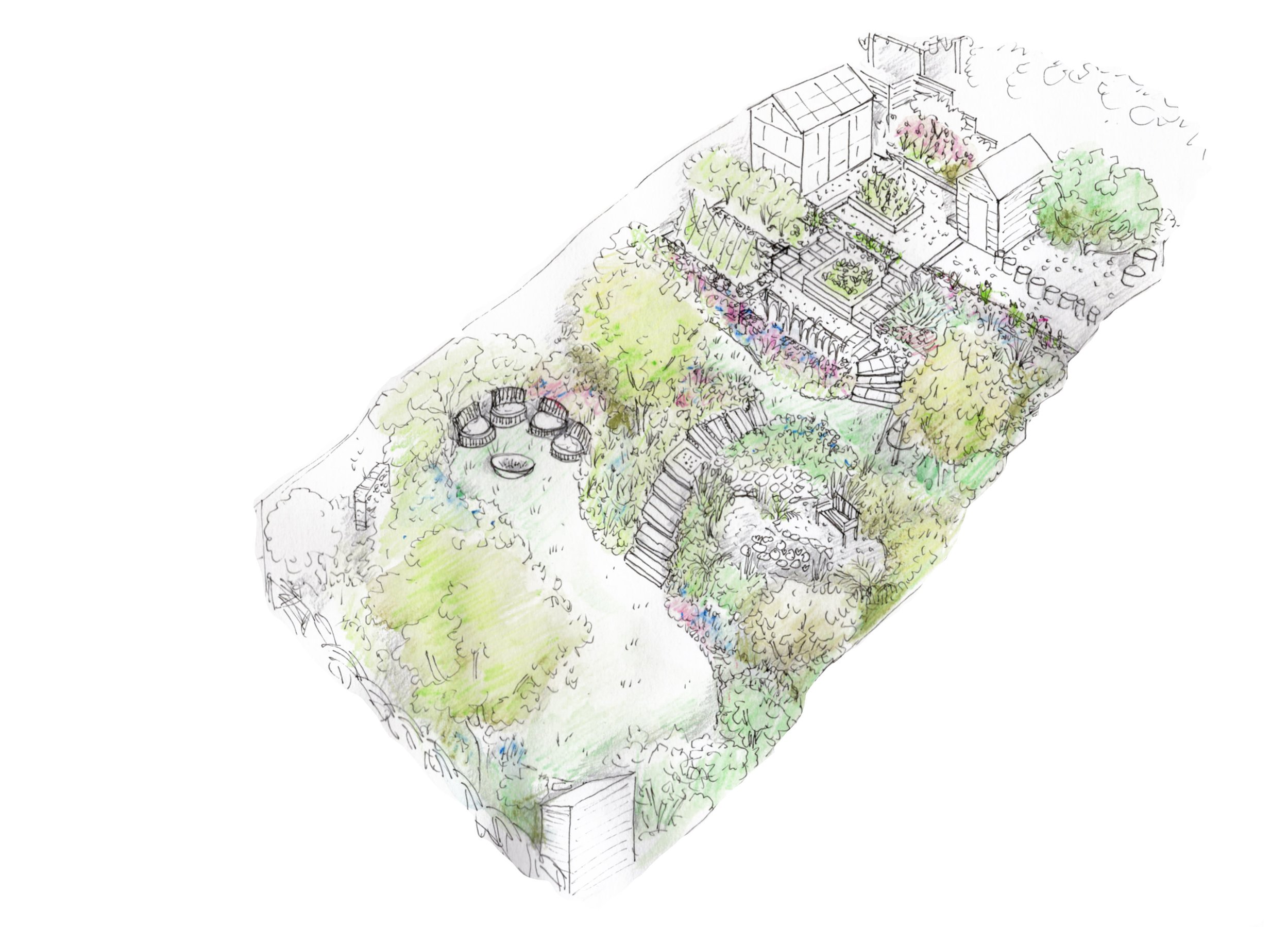   Steeply terraced garden needing retaining walls, steps and a natural vibe.  