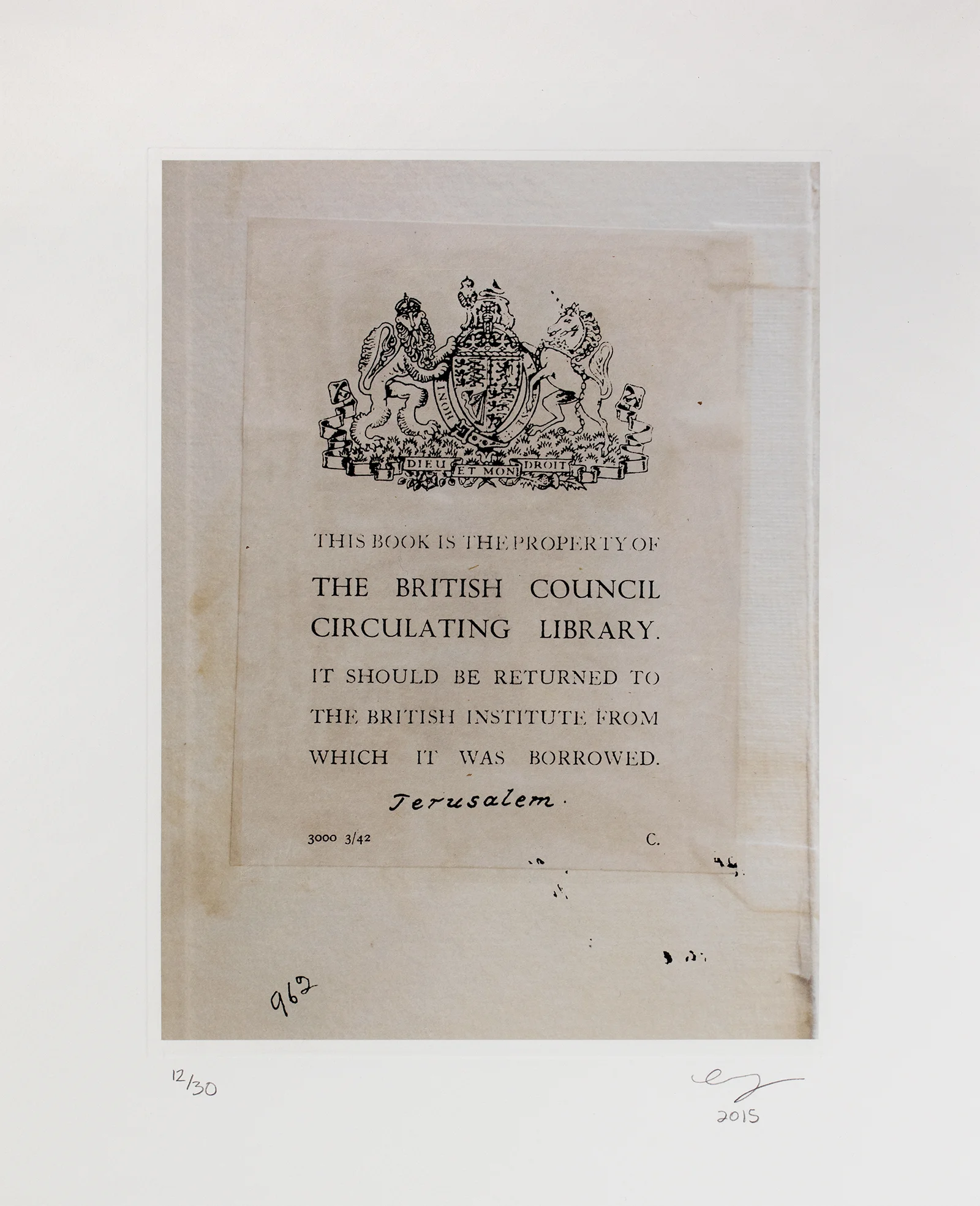 Emily Jacir, No. 1614, British Council, Palestine (from ex