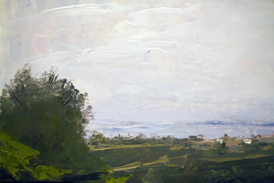 Distant oceanscape, trees and buildings - Oil on panel, 5x7 in