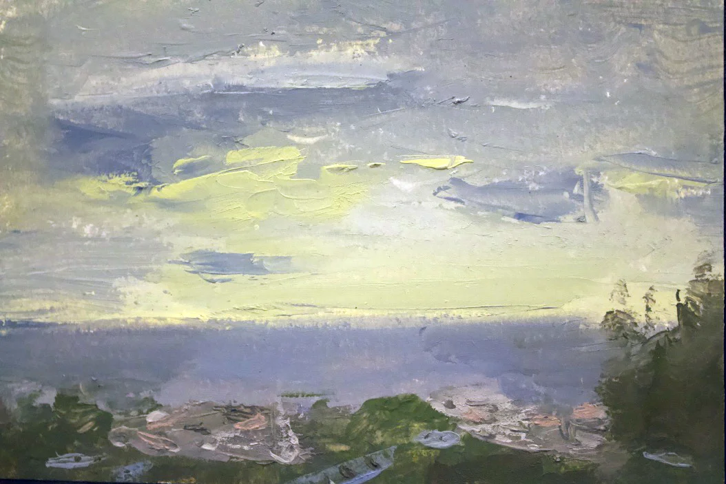 “Okinawa, Oceanscape Yellow Sun” - Oil on panel, 5x7 in