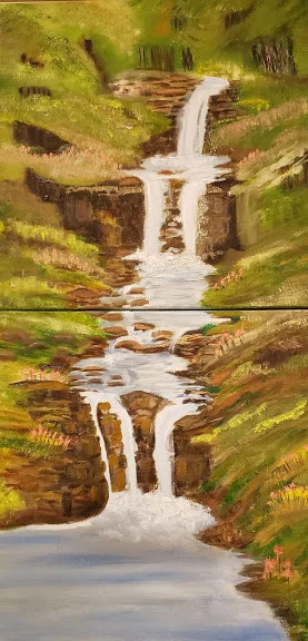 Original Oil, Waterfall, Patricia J Cream, Triple Falls at UMAUMA, HI, 12x12 -12x12 Diptych