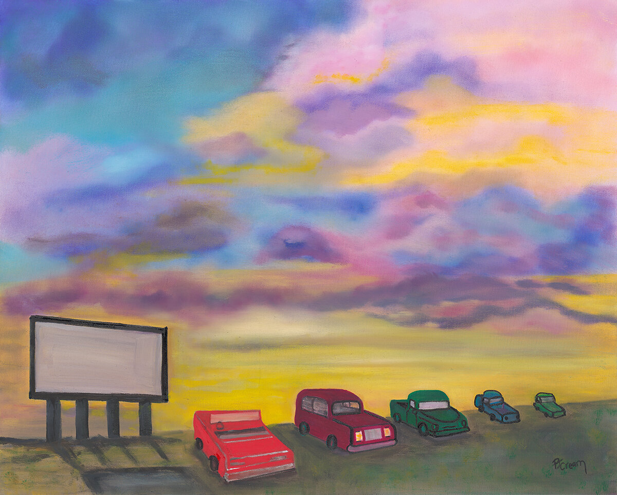 Original Oil, Sunset, Patricia J Cream, Drive-In  Date, 24x60 Wrapped Canvas