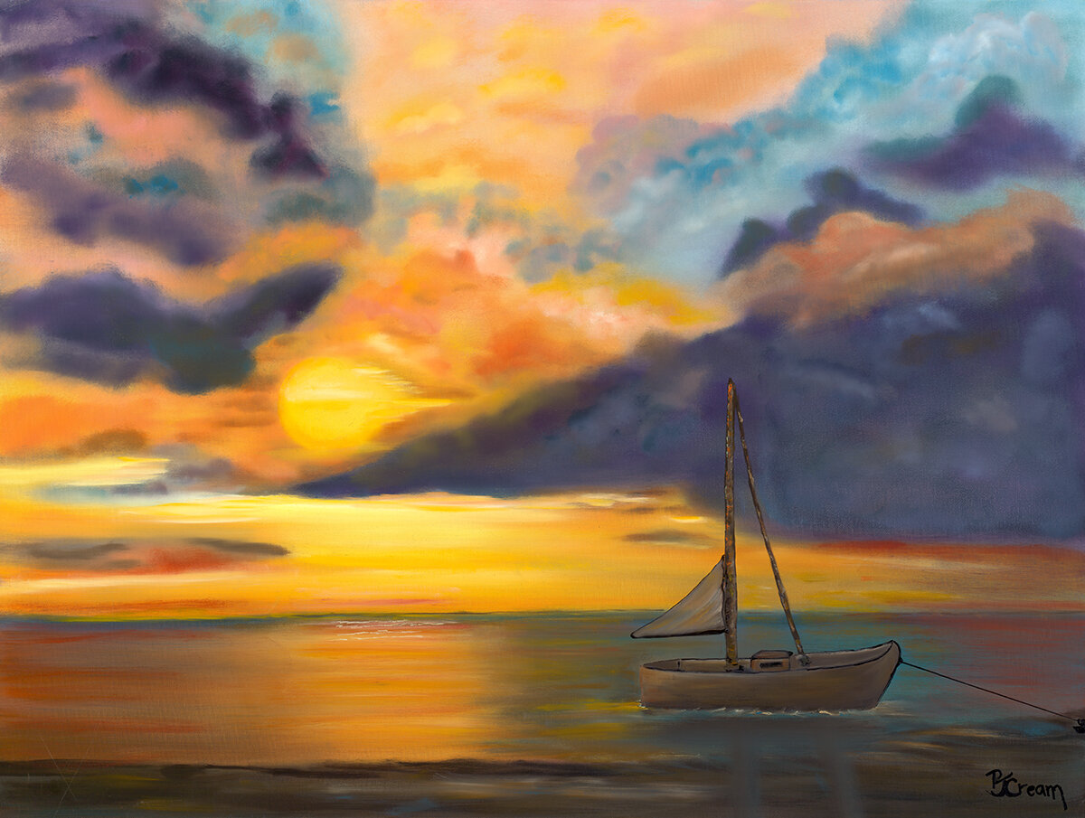 Original Oil, Sunset, Patricia J Cream, Maui Reflections, 30x40 Wrapped Canvas