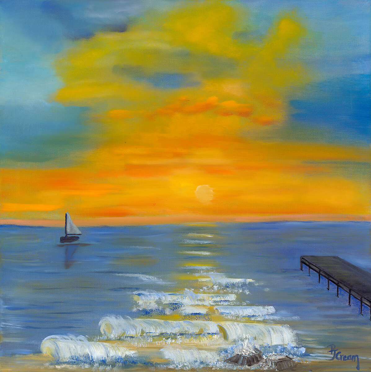 Original Oil, Sunrise, Patricia J Cream, Daytona Sunrise with Pier, 24x24 Wrapped Canvas