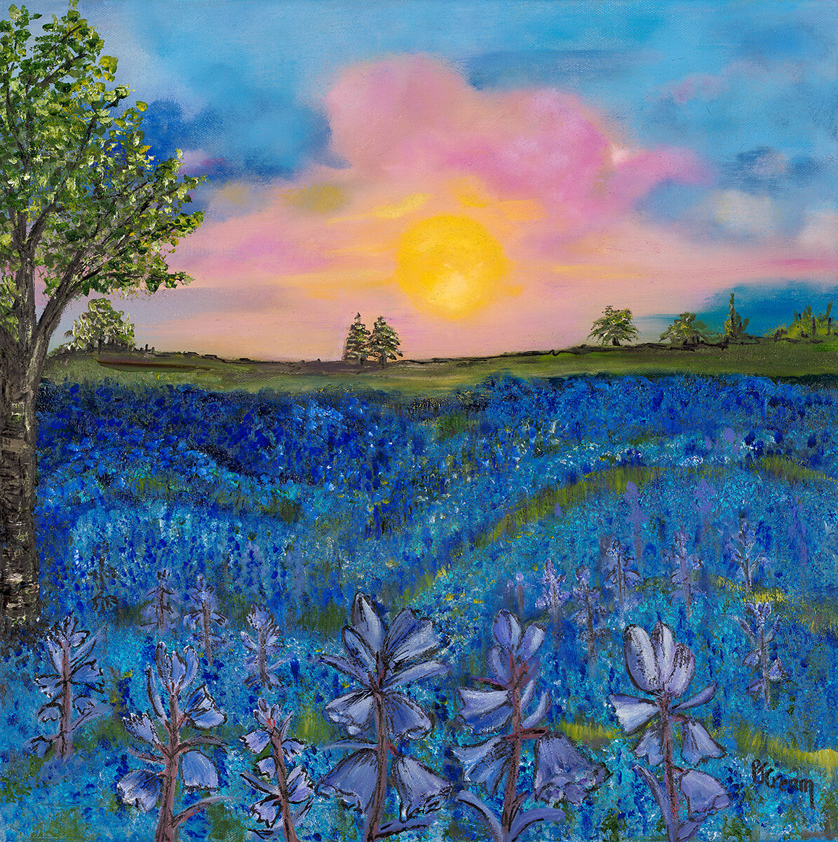 Original Oil, Floral, Patricia J Cream, Waves of Blue, 20x20 Wrapped Canvas