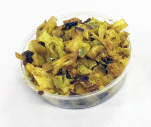 Stir fried green cabbage, cauliflower, raisins, turmeric and black pepper.