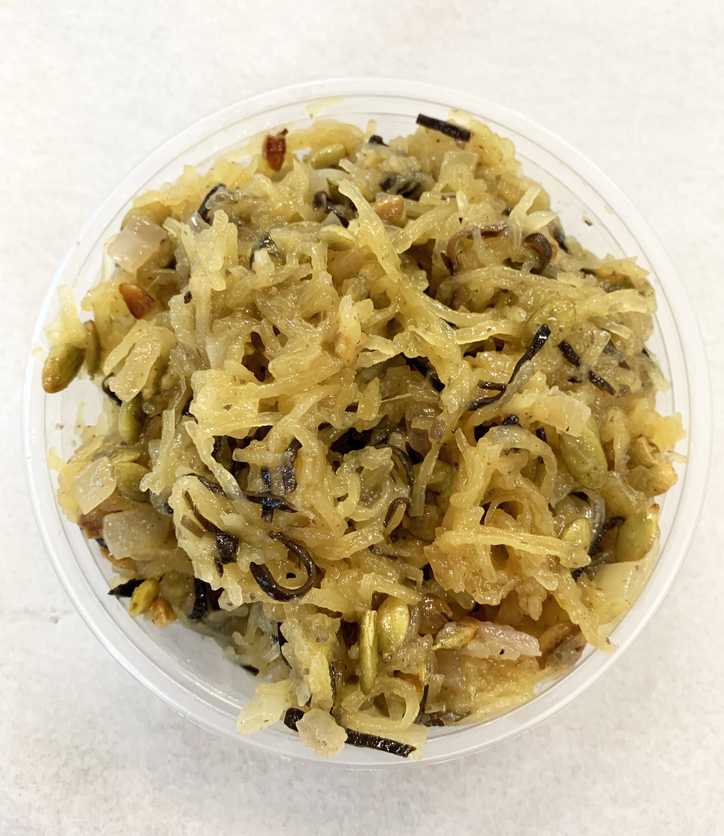 Spaghetti squash with arame, sautéed onion and pumpkin seeds.