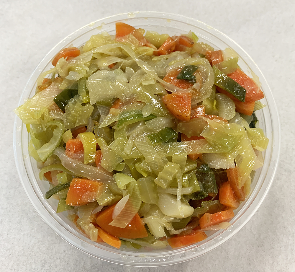 Sautéed leeks with celery, carrot and onion.