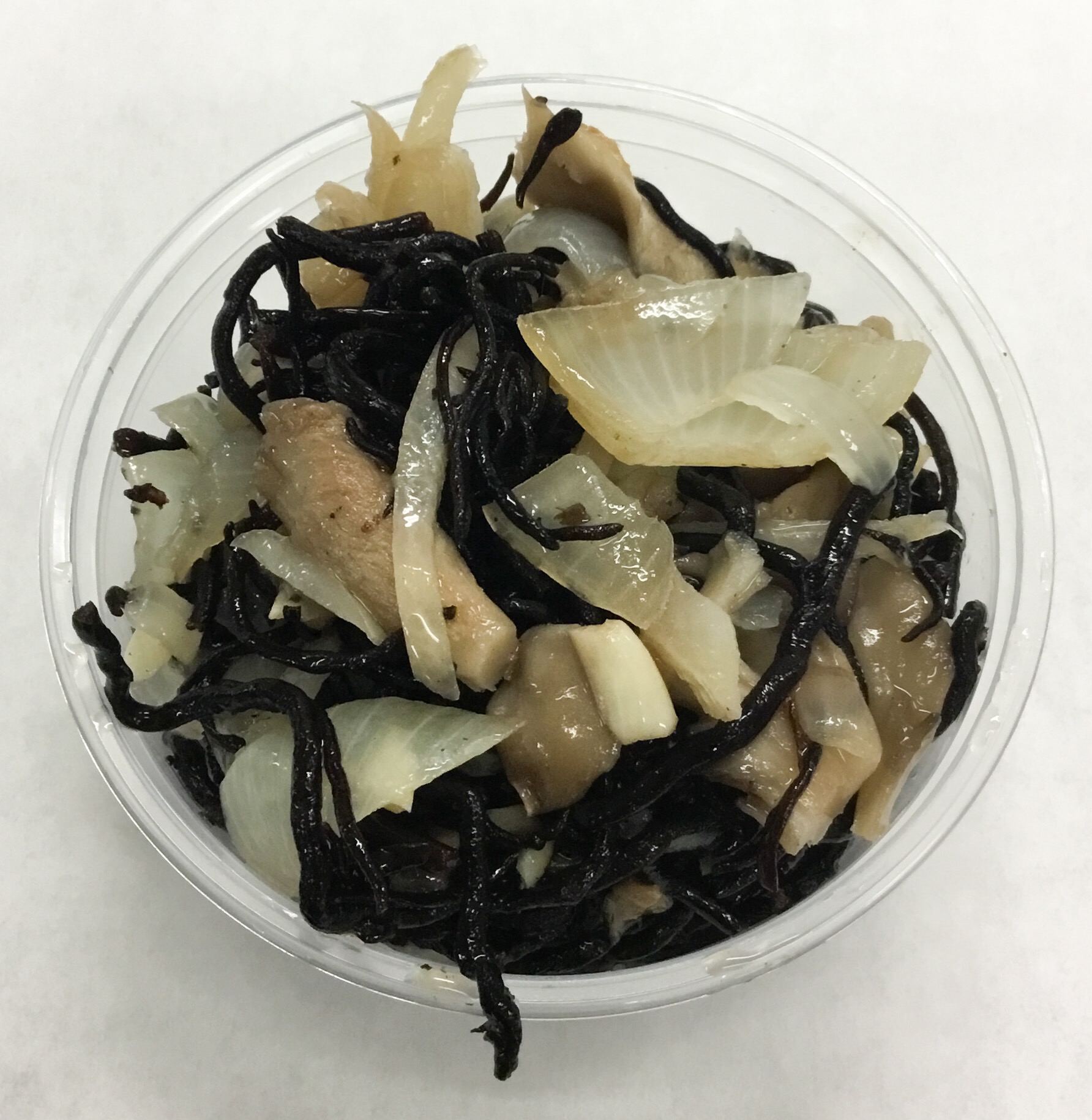 Hiziki (seaweed) with Maitake mushrooms, onion, daikon radish, ginger and tamari.