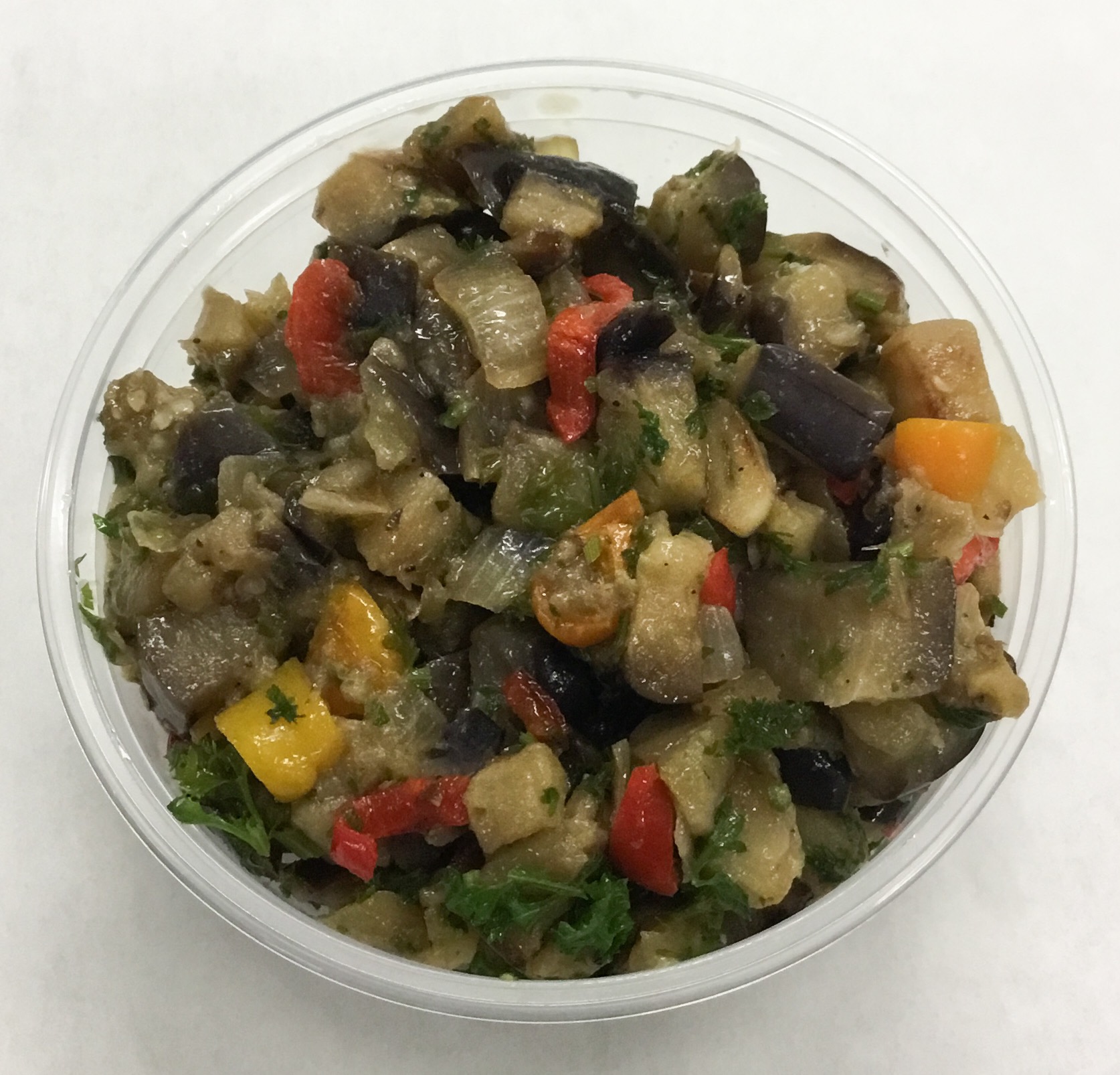 Eggplant, onion, bell peppers and garlic.