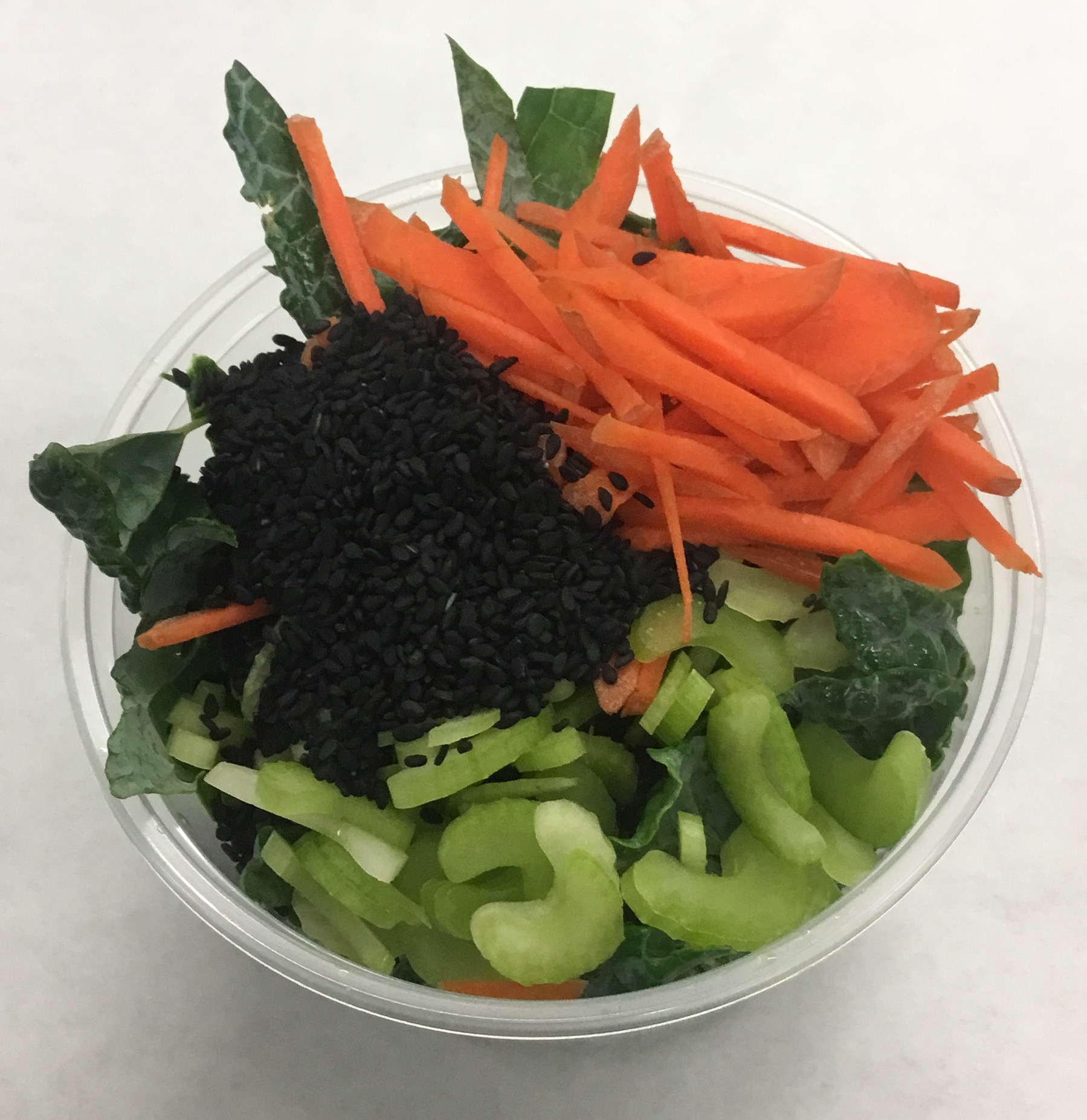 Lacinato kale with carrot, celery and black sesame seeds.