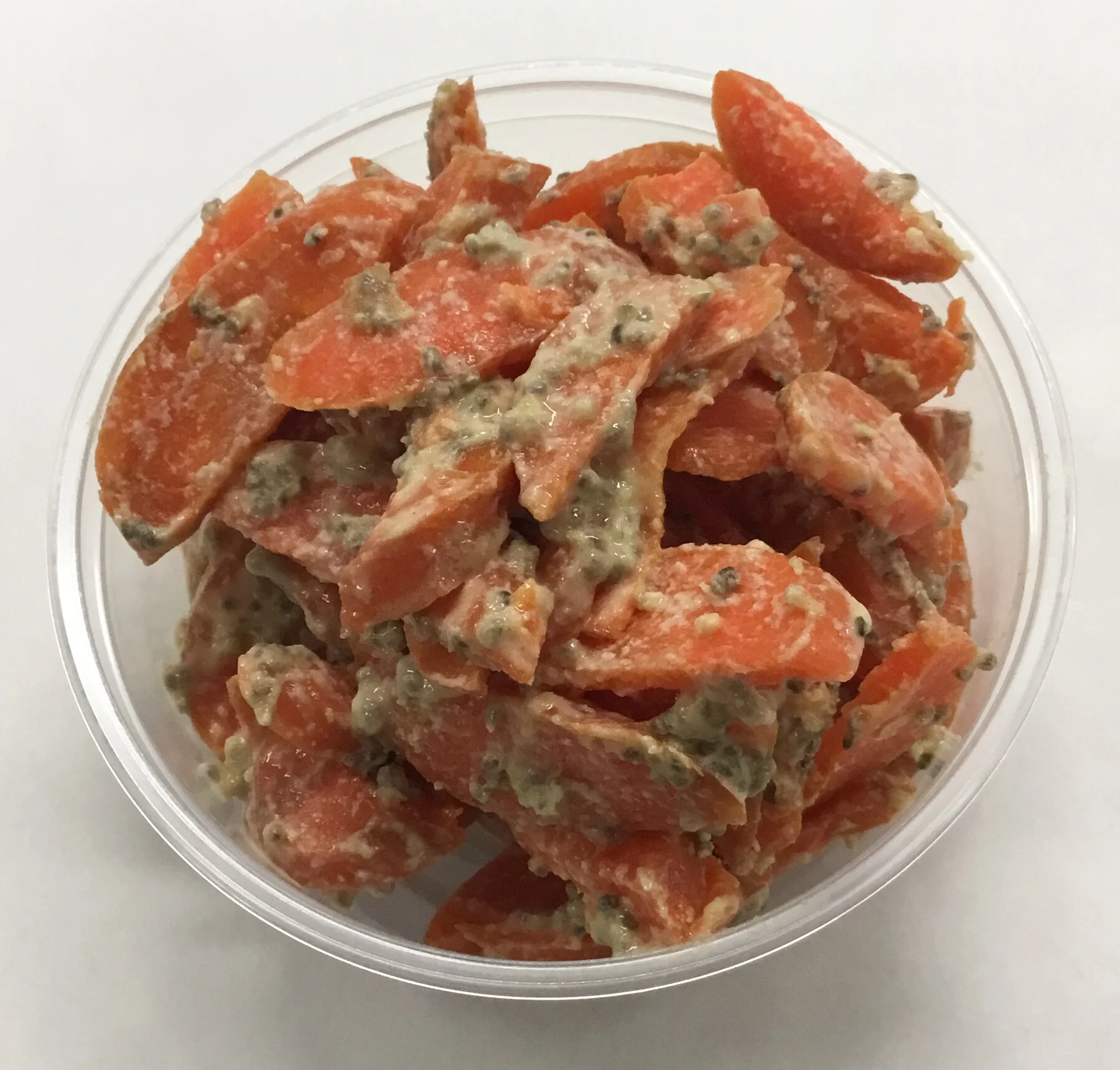 Carrots, chia seeds, tahini and orange juice.