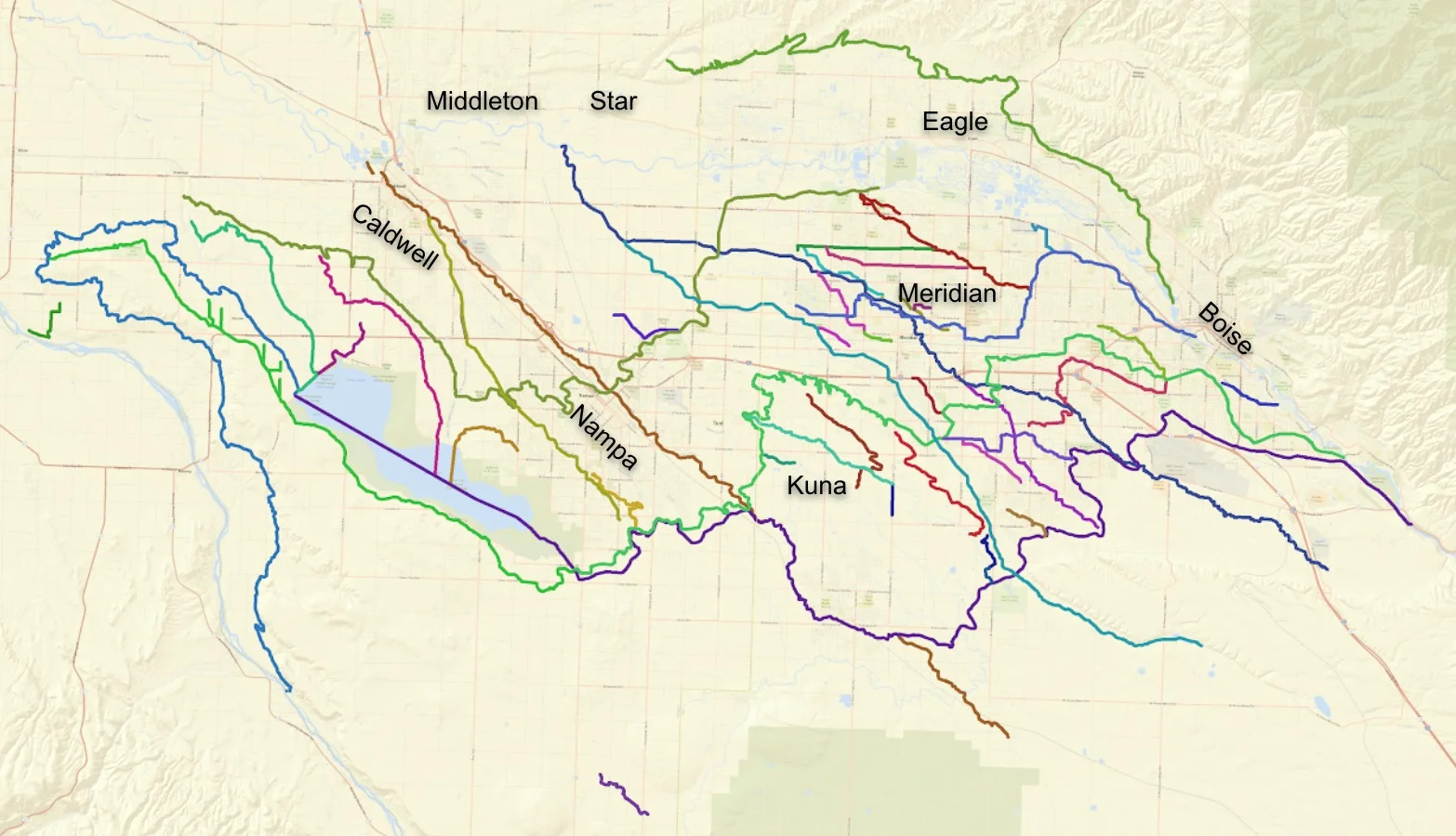 Canals and access roads throughout the Treasure Valley