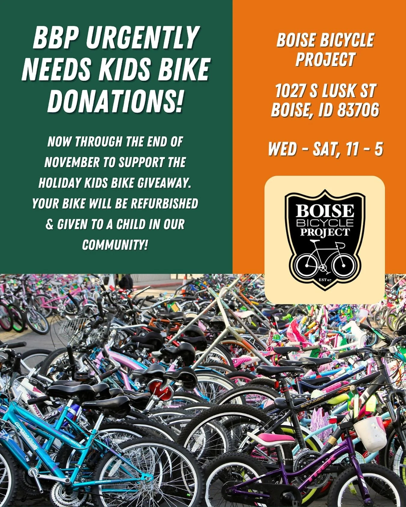 We&rsquo;re continuing our ask - we still need over 100 kids bikes for our upcoming Holiday Kids Bike Giveaway!&nbsp;

We&rsquo;ve been refurbishing donated bikes and are running low on additional donations we need to match bikes to 641 applications 