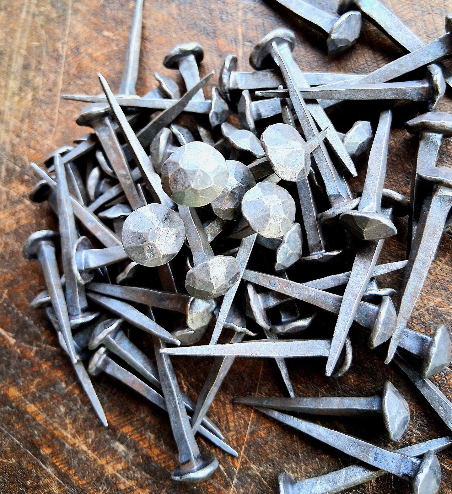 Sold! A batch of short dome-head nails. We make a lot of nails around here!
.
.
#handforgednails #handwroughtnails #wroughtnails #nailmaking #blacksmithing #handforged