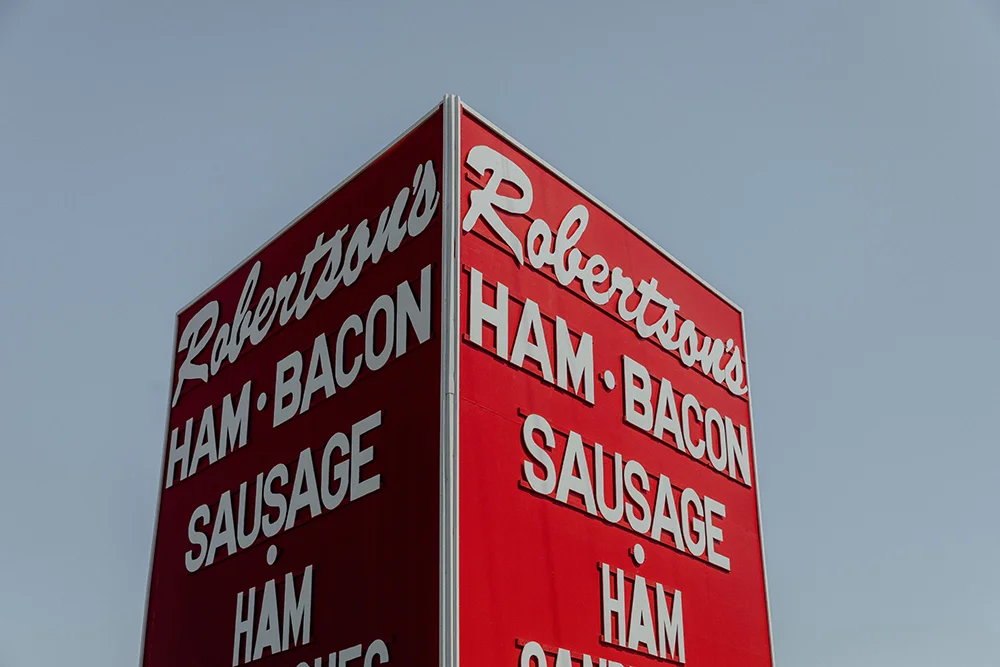 Robertson's Hams store sign in Marietta, Oklahoma