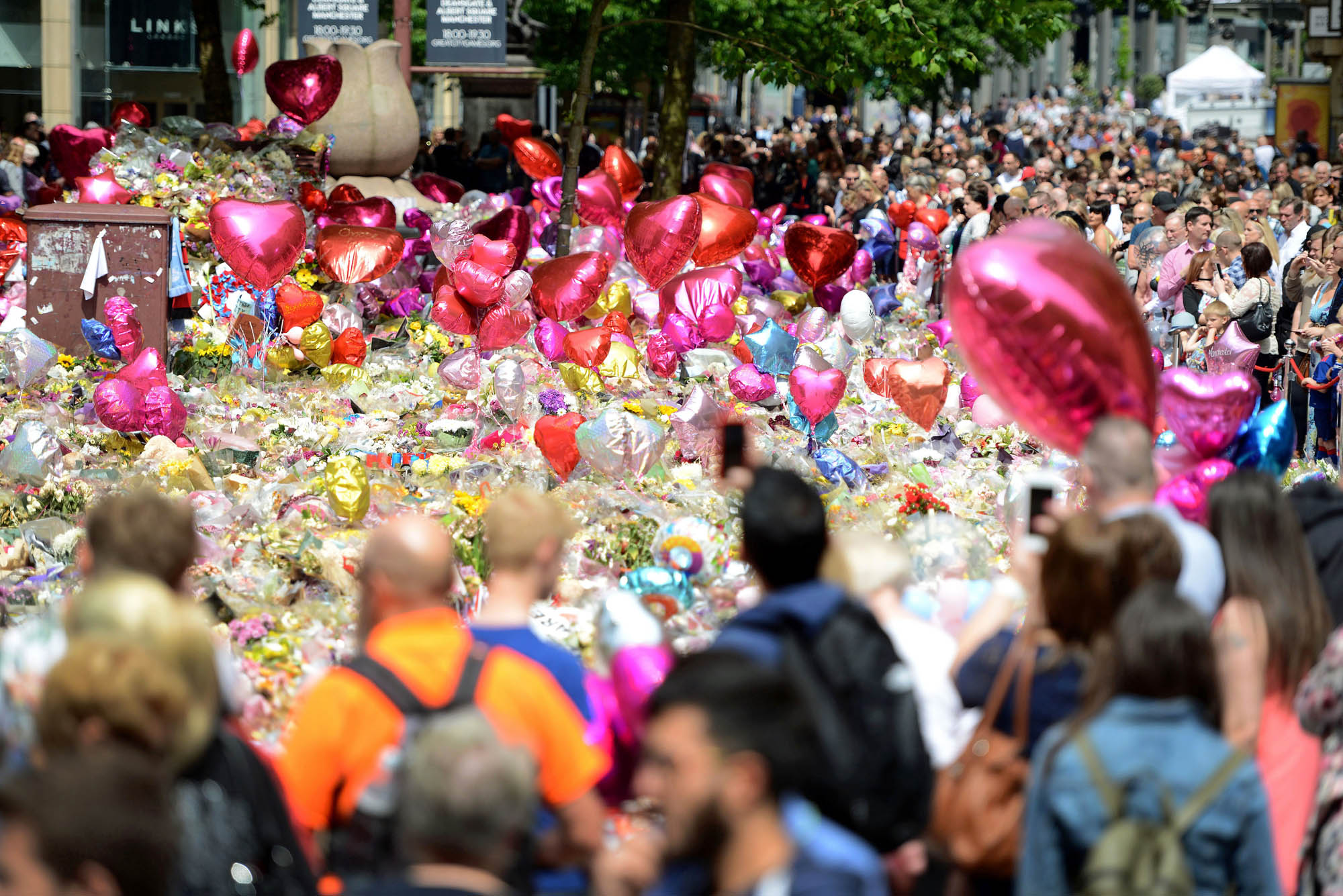 Tributes in St Ann's Square, Manchester after the Manchester terrorist bombing at the Arena.