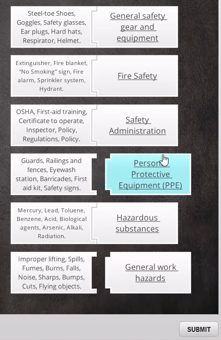 Word classification activity from Reading Skills course.