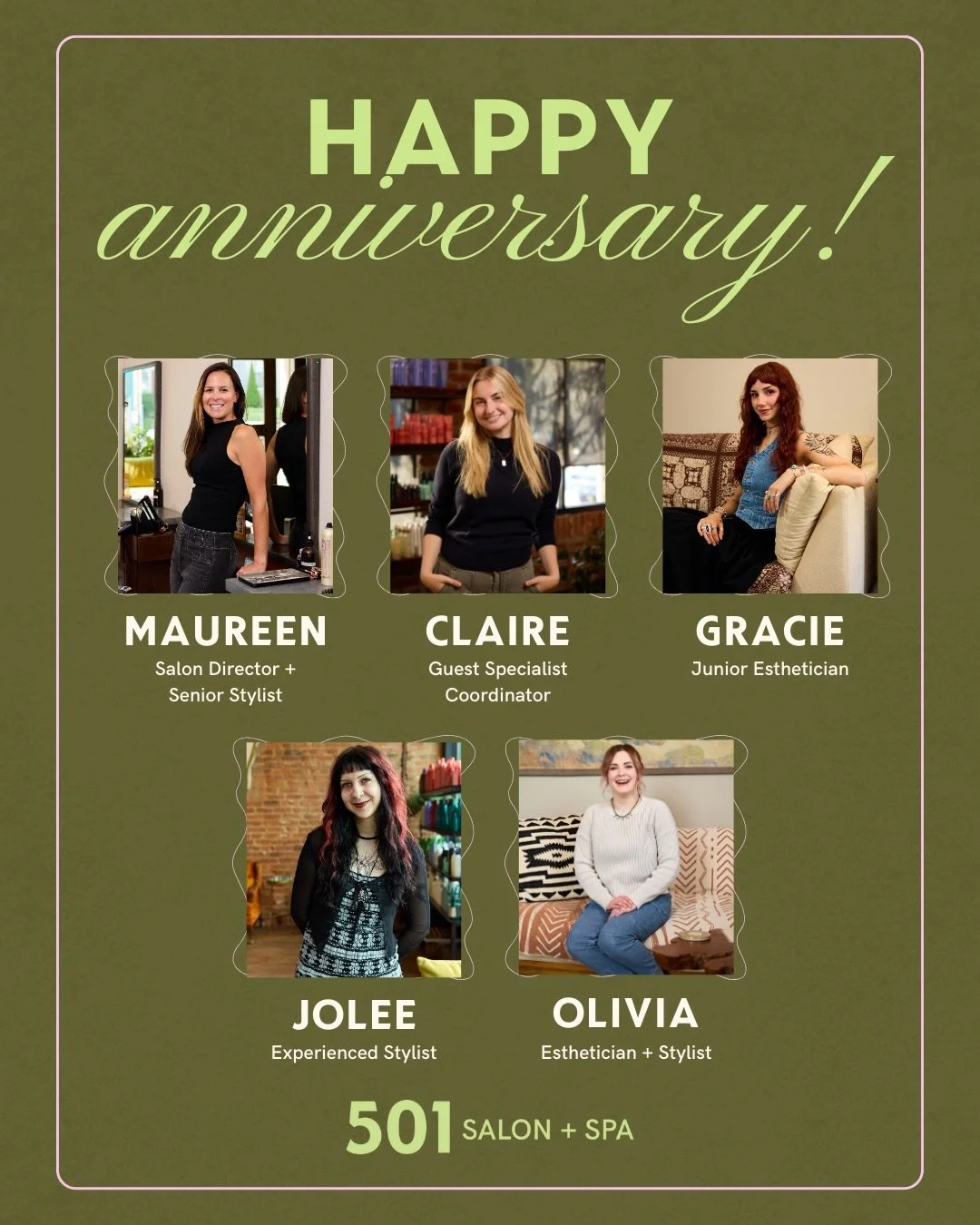 Cheers to our Quarter 1 anniversaries! ✨

These 5 joined us during the first quarter of the year and quickly became such an important part of our salon + spa. 

Thank you for your creativity, professionalism, and the care you bring into the space eve