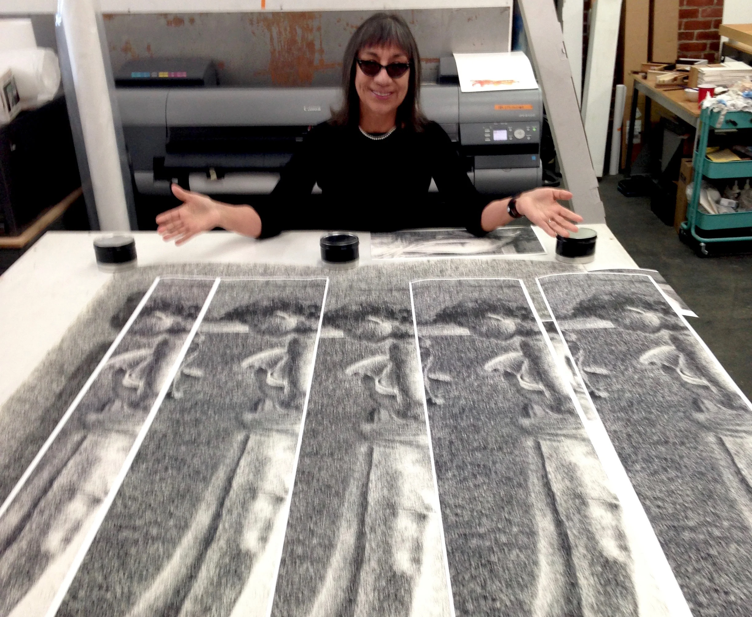 lorraine garcía-nakata, proofing fine art print reproduction (of "Inretrospect") via print test strips at Candela Fine Art Printing.