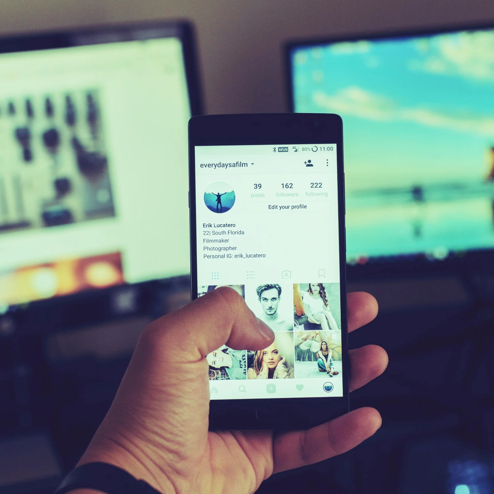 hand holding Samsung phone displaying Instagram