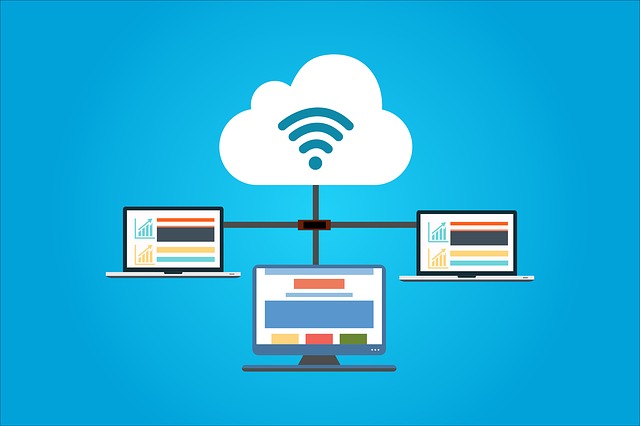 Three computers connected to each other through cloud computing.
