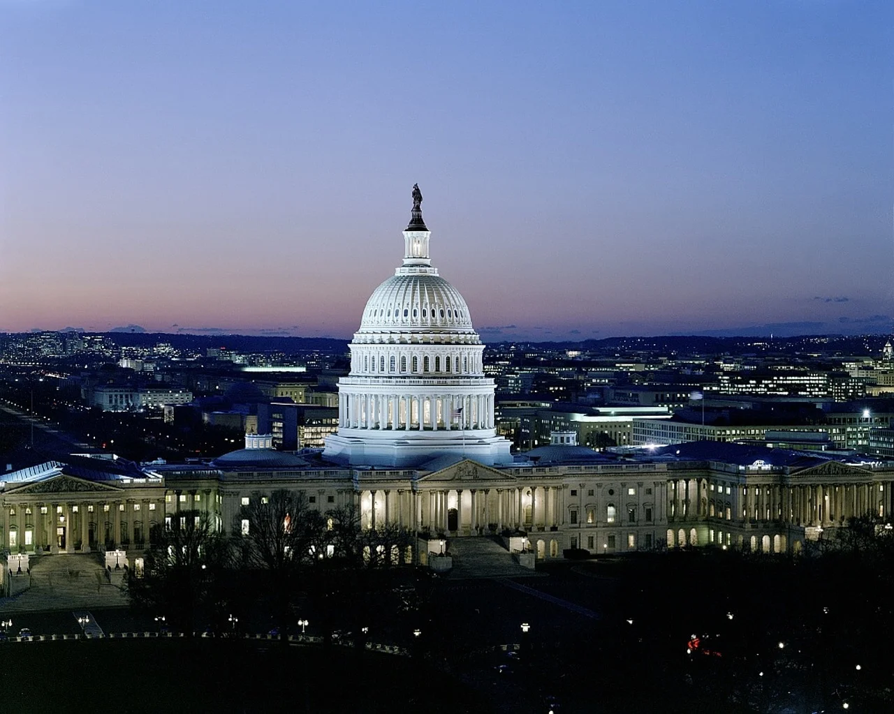 Washington DC United States capitol building at night.
