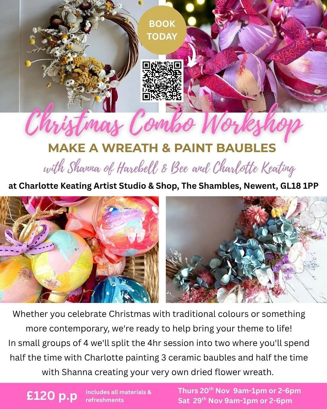 ✨ Get ready for Christmas with a bit of creative time for yourself ✨ Join @charlotte.keating.artist and me for a morning or afternoon of mindful making to create your own set of gorgeous painted baubles and a unique dried flower wreath for decorating