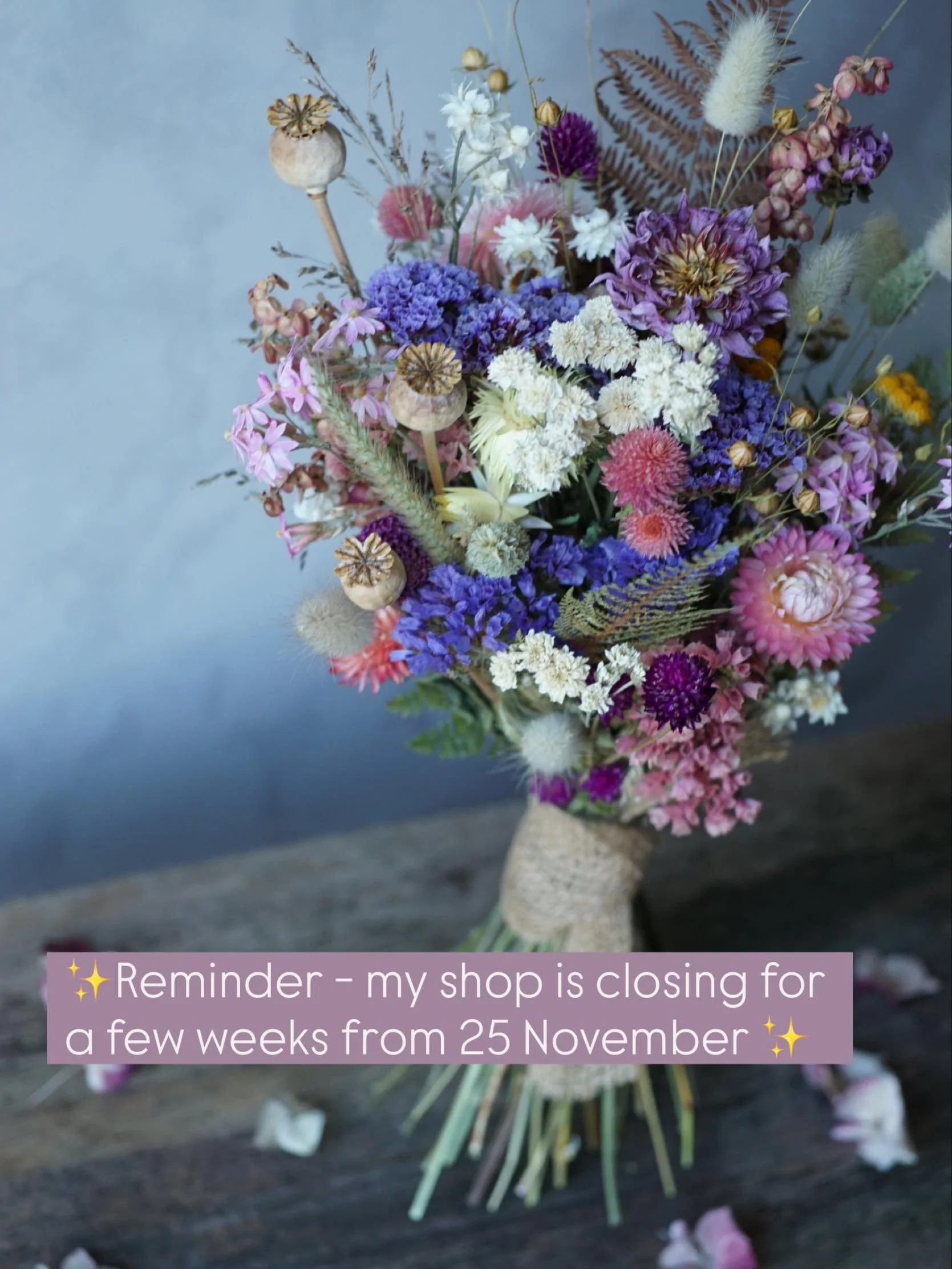 A quick reminder that I&rsquo;ll be taking a break in December ✨ You&rsquo;ll need to place any dried flower orders you&rsquo;d like to arrive in time for Christmas by 24 November, but you&rsquo;ll still be able to purchase and send gift vouchers dur
