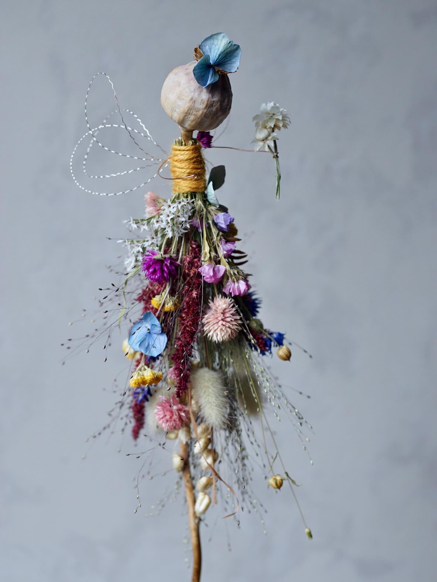 This fairy went round the garden and gathered a little bit of everything for her skirt 💛💜🩷🩵

Wishing you a happy Saturday xx

💛💛💛💛💛

#driedflowerfairy #flowerfairy #driedflowerart #poppypods #gardenfairy