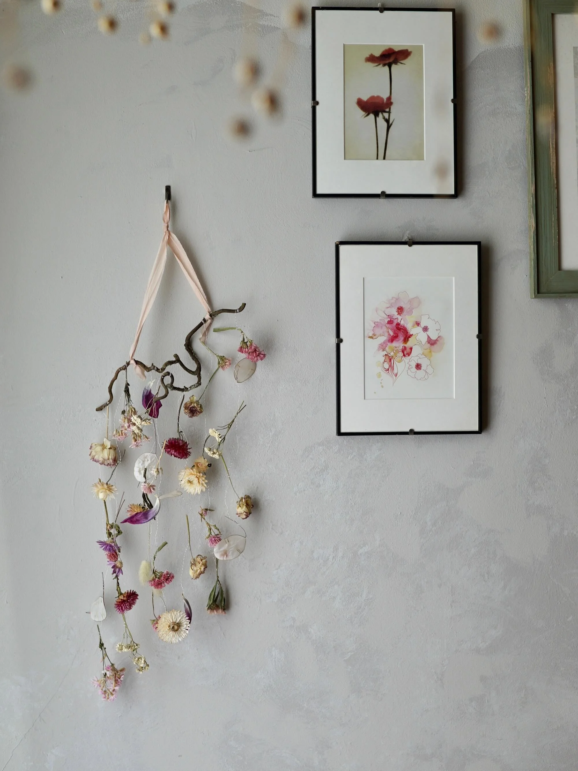 The pink and purple in this mobile were just right for photographing next to two pieces of floral art by my family&hellip; the photo at the top by my sister and the watercolour below by my grandmother. Two images I treasure and always have on display
