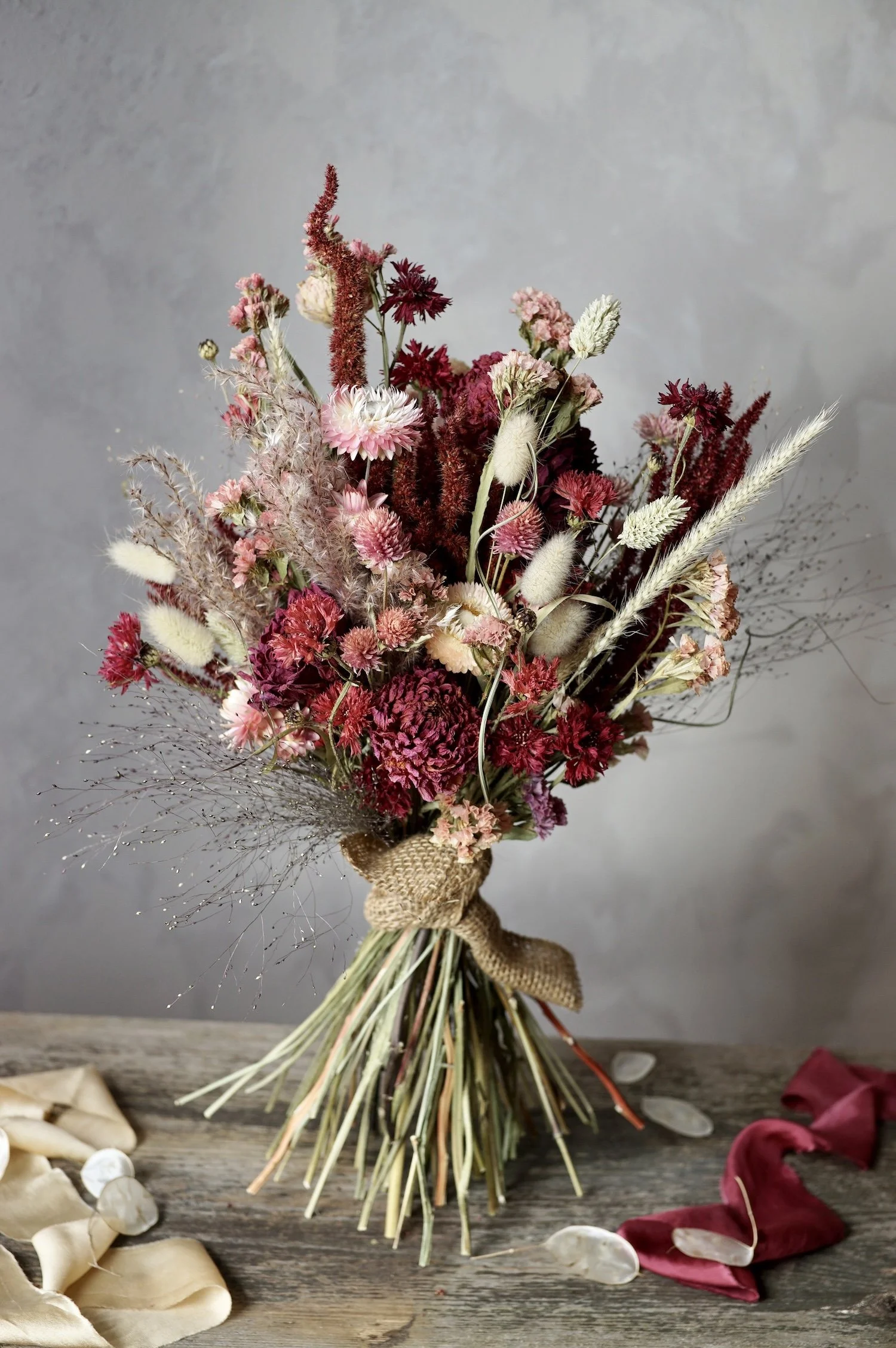Deep reds dried dahlia bouquet