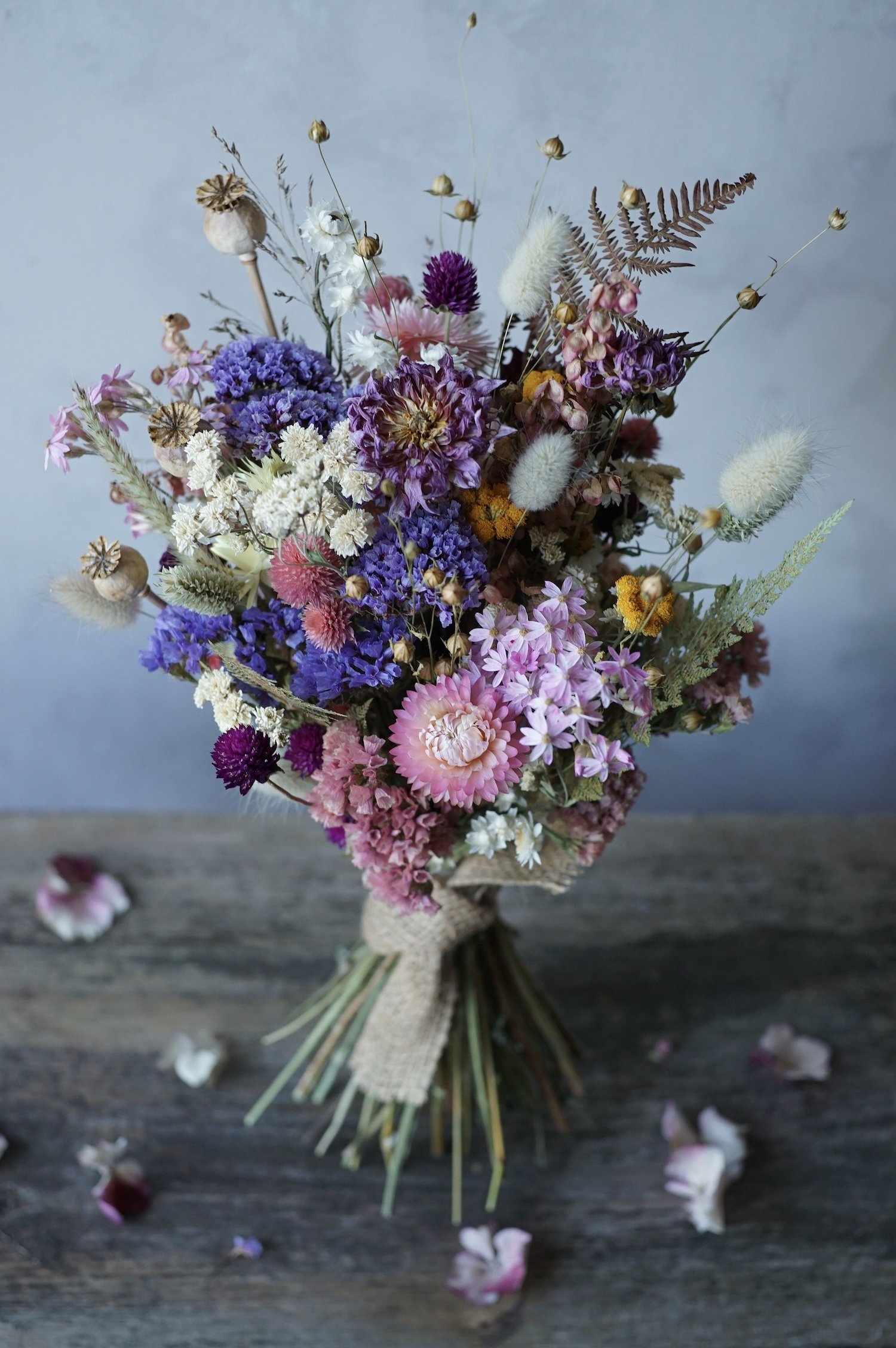 A multi coloured dried flower bouquet