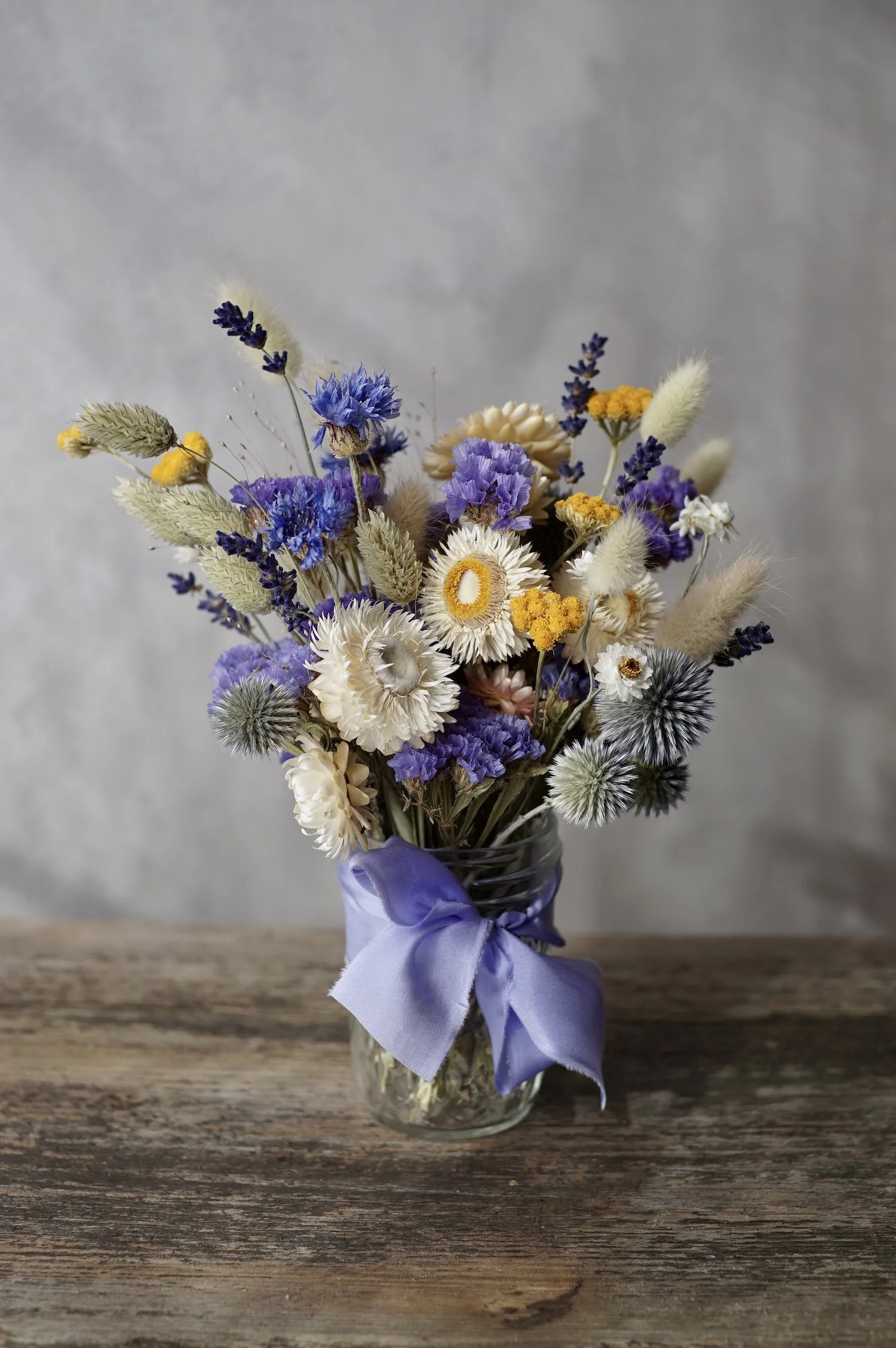 Blue & white everlastings jam jar