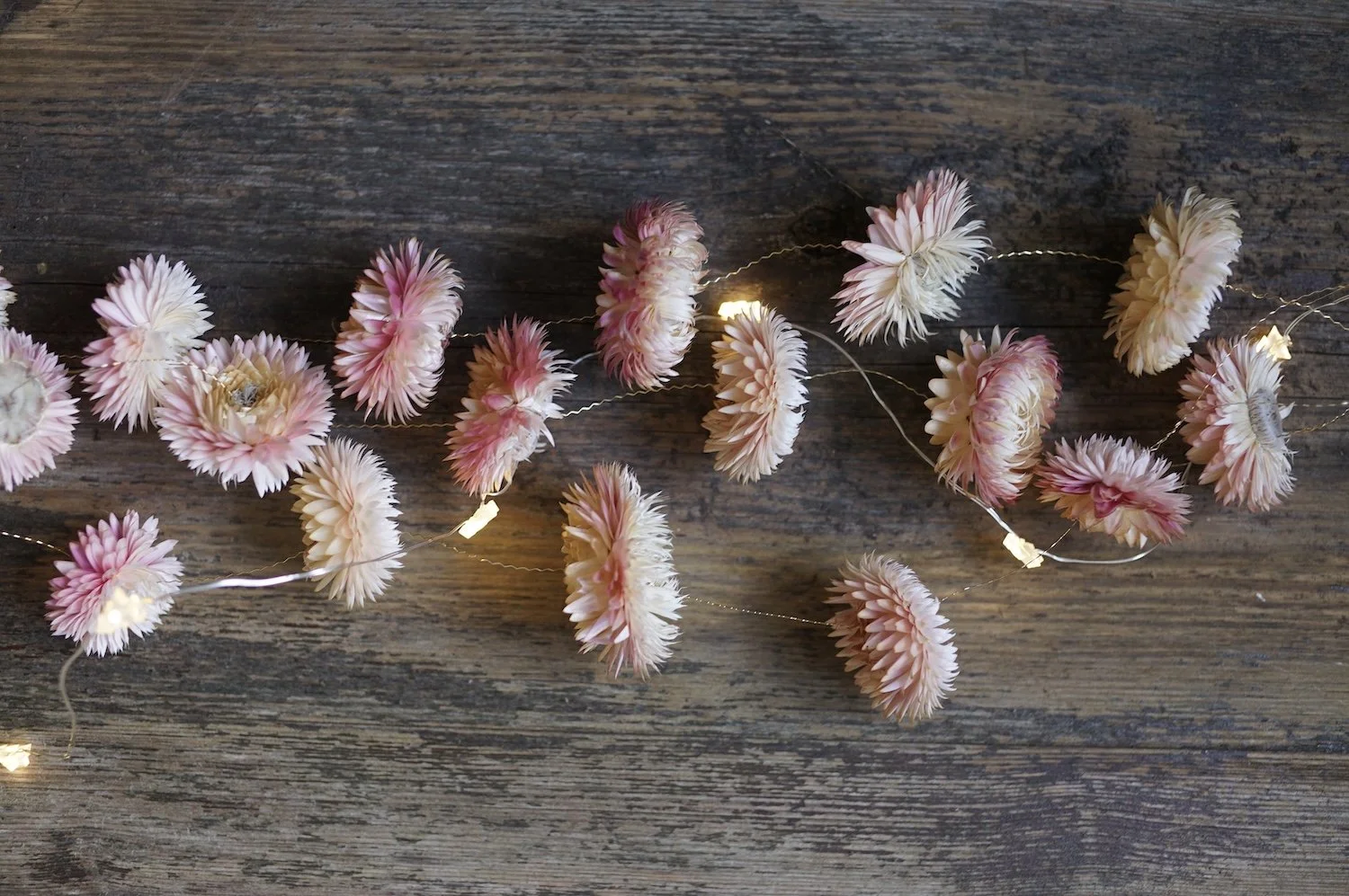 Several flower garlands made from pale pink dried flowers and gold wire laying on a piece of wood with fairy lights
